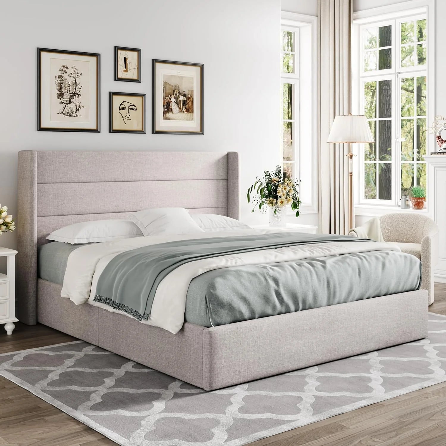 Allewie Queen Size Lift Up Storage Bed Modern Wingback Headboard Hydraulic Support