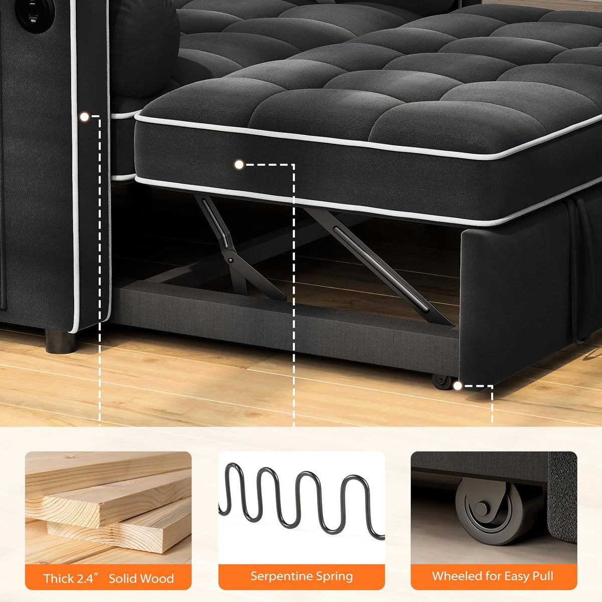 Pipishell 3 in 1 Convertible Sleeper Sofa Bed Pull Out Couch for Living Room USB Ports Side Pockets