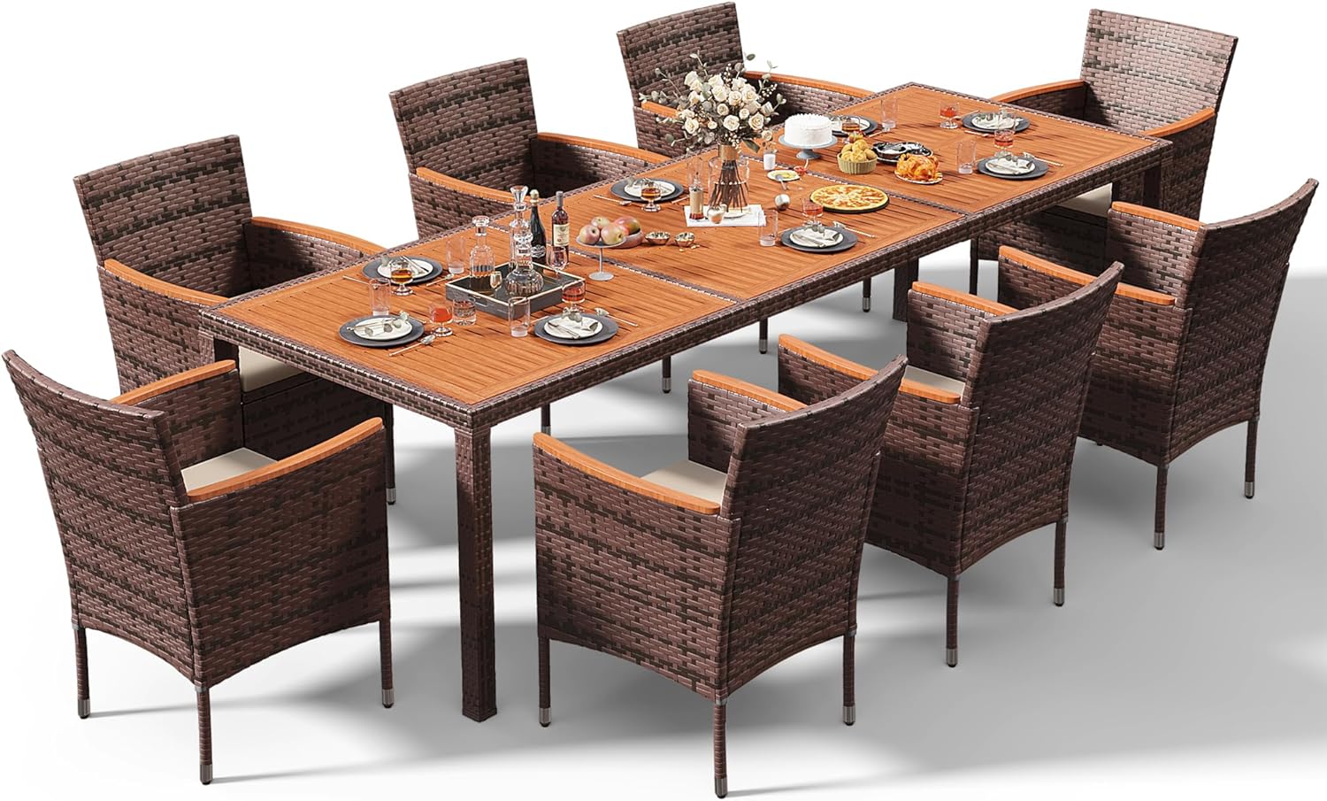 Devoko Dining 7 PCS Furniture Patio Conversation Set with Acacia Wood Table Top Rattan Outdoor
