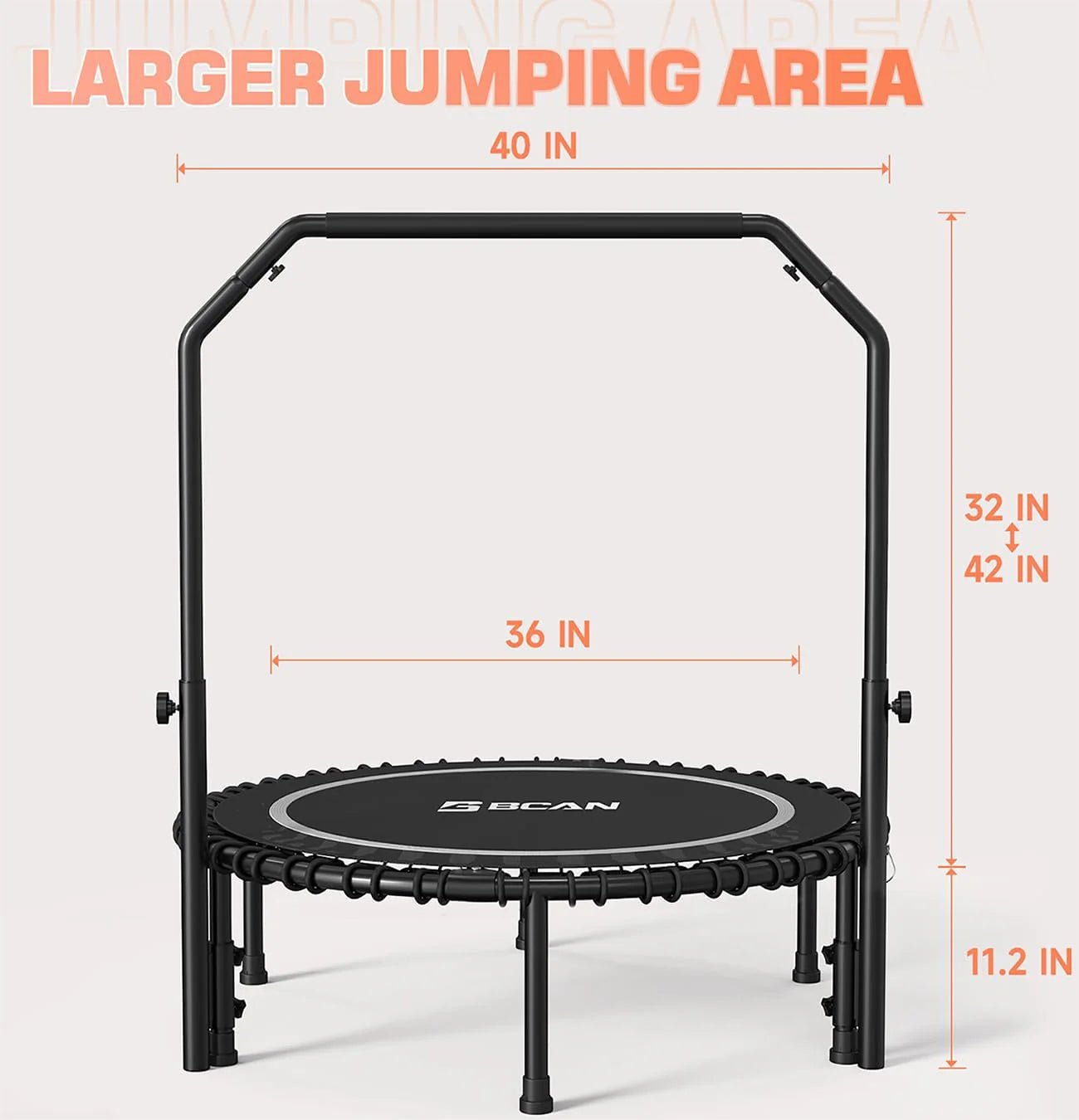 BCAN 450/550 LBS Foldable Mini Trampoline, 40/48 Fitness Trampoline with Bungees, U Shape Adjustable Foam Handle, Stable & Quiet Exercise Rebounder for Adults Indoor/Outdoor Workout