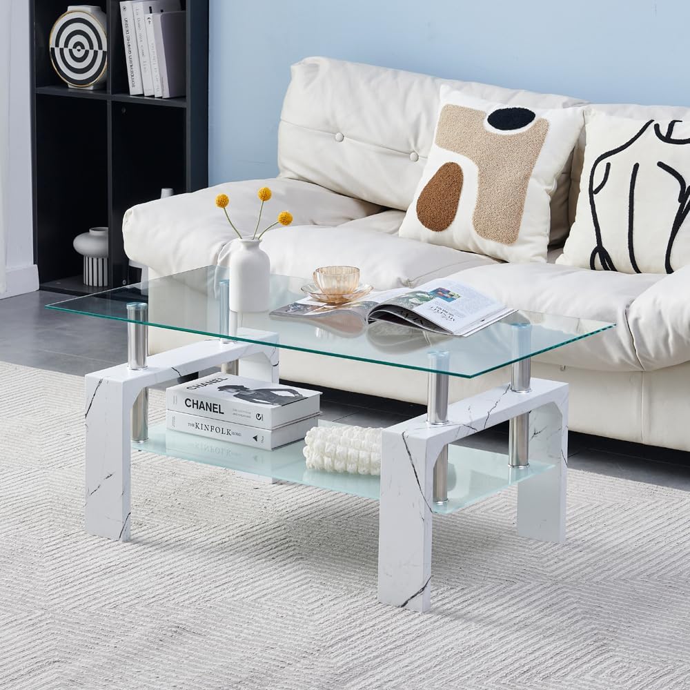 Living Room Rectangle Coffee Table, Tea Table Suitable for Waiting Room, Modern Side Coffee Table with Wooden Leg, Glass Tabletop