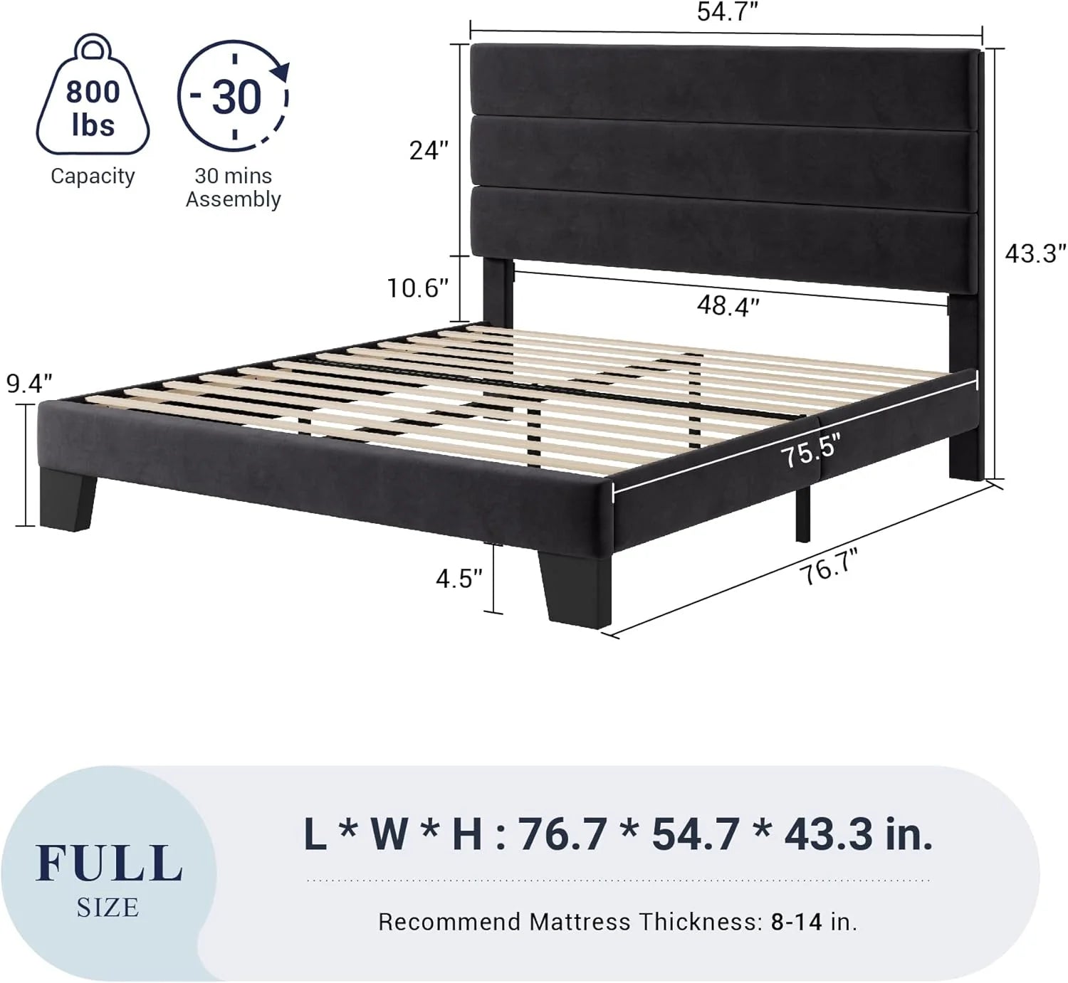 Allewie Queen Size Platform Bed Frame Fabric Upholstered Headboard Wooden Slats Support