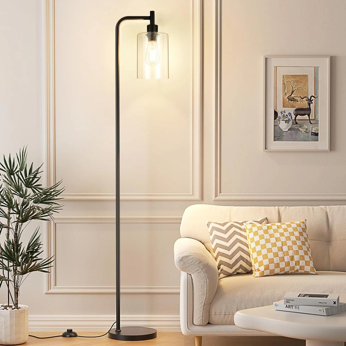 Modern Black Floor Lamp with Clear Glass Shade and LED Bulb