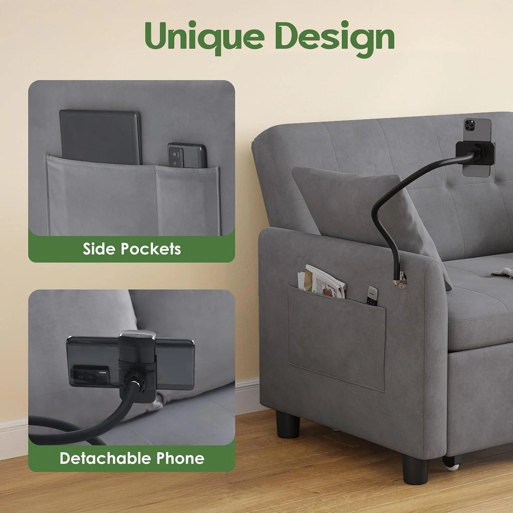 Sleeper Sofa Bed, 3 in 1 Convertible Sleeper Couch Bed Pull Out, Small Loveseat Sofa, Futon Sofa Bed Full Size, 46 Velvet Love Seat