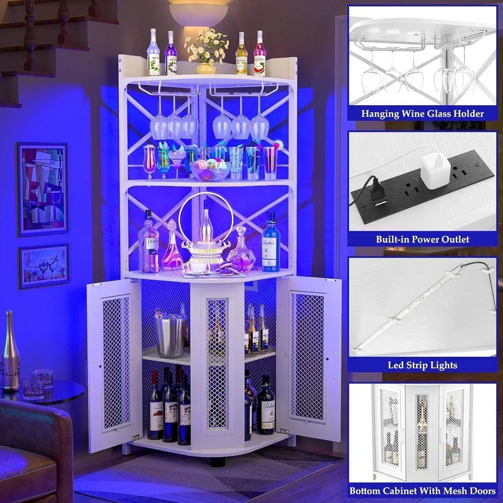 Corner bar cabinet with power socket industrial style wine cabinet light strip and glass rack