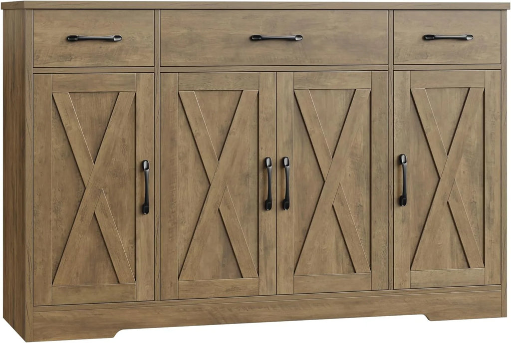 HOSTACK Buffet Cabinet with Drawers, 55 Large Sideboard Buffet Storage Cabinet with Shelves and Doors, Modern Farmhouse Coffee Bar Station Wood Kitchen Table for Kitchen, Dining Room, White/Rustic