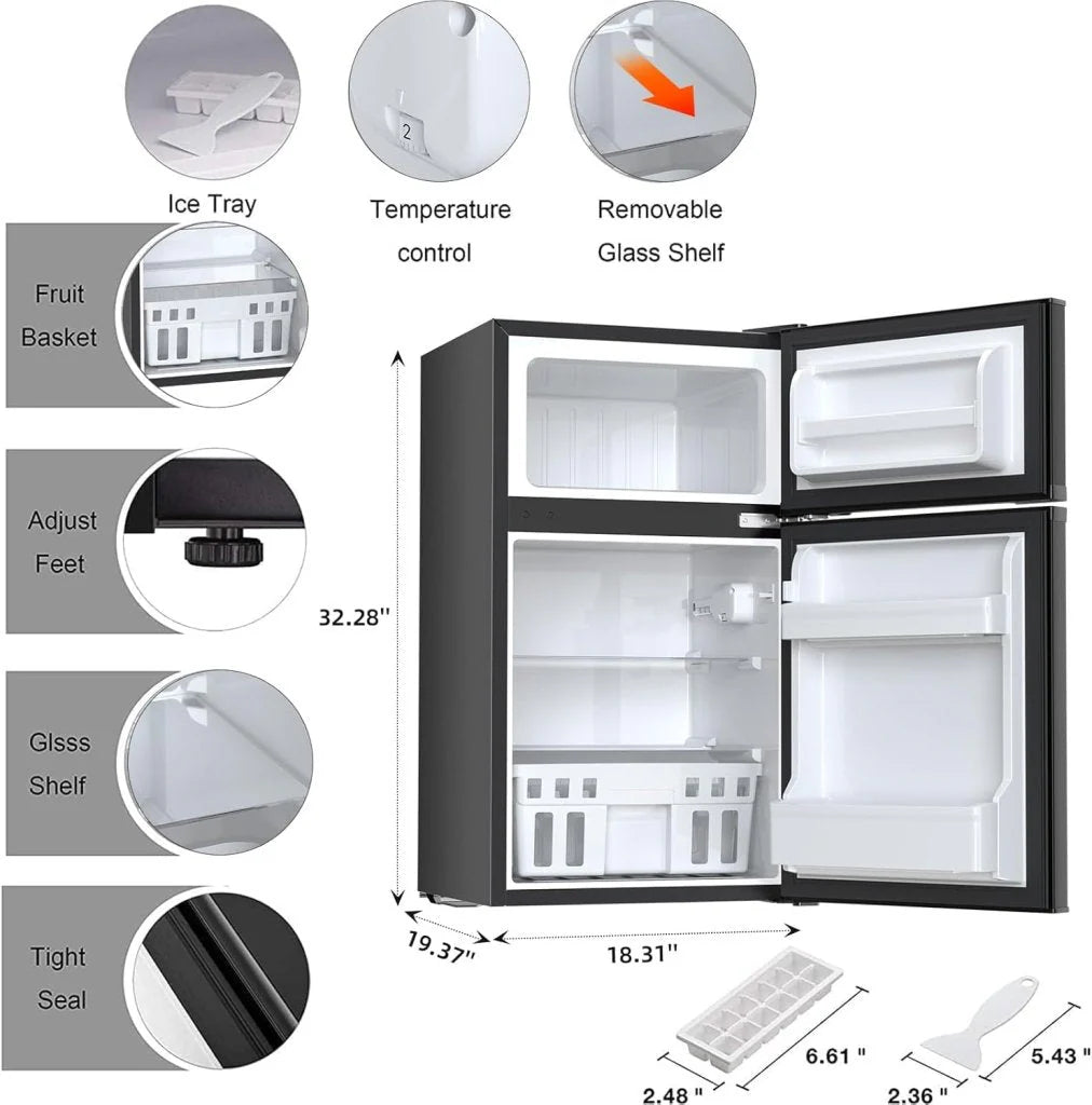 Antarctic Star Compact Mini Refrigerator Separate Freezer, Small Fridge Double 2-Door Adjustable Removable Retro Stainless Steel Shelves Living room/Kitchen/Dorm/Office 3.2 cu ft.Green