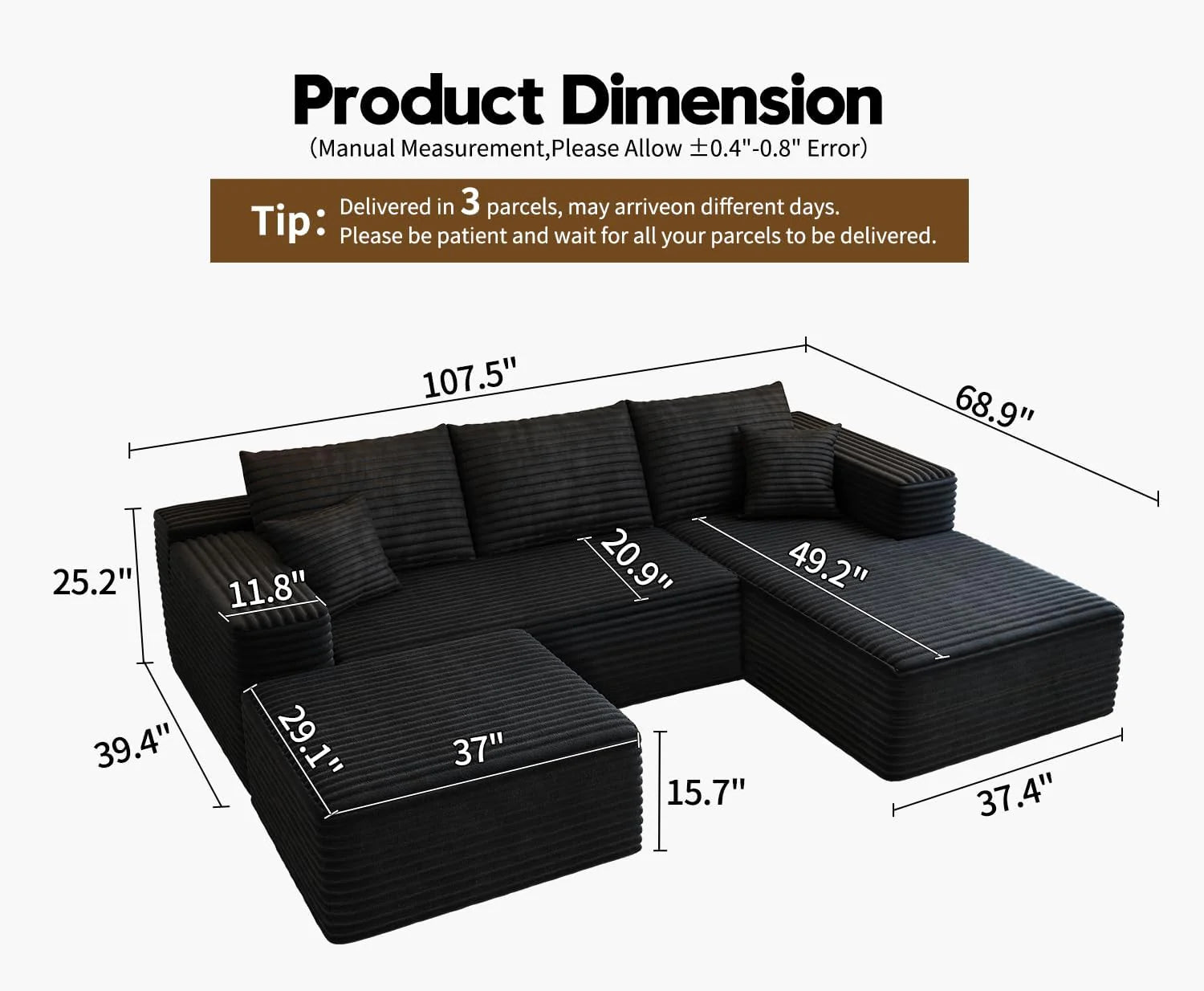 107.5 Cloud Modular Sectional Sofa Couch with L-Shape Chaise,Modern Minimalist Upholstered Couches