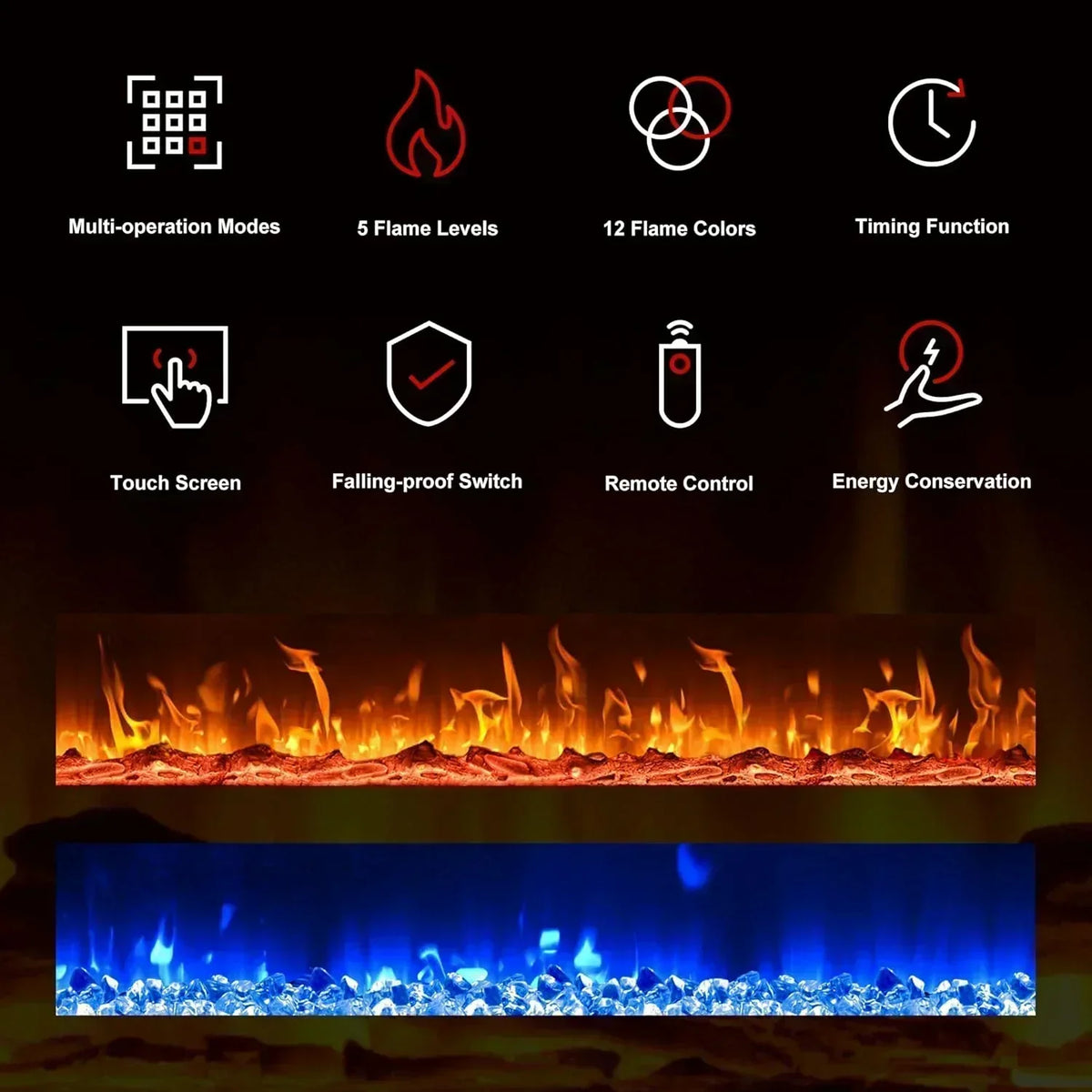EUHOMY 50 Inch Electric Fireplace Wall Recessed Adjustable Flame Color Fireplace Heater