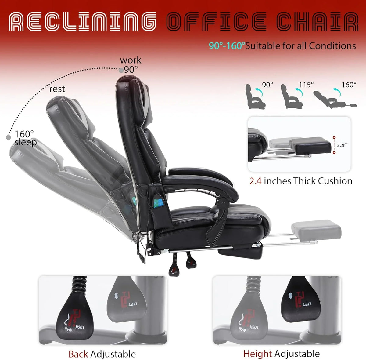 Massage Office Chair with Footrest 6 Point Vibration and Heating Home Executive Office Desk Chair