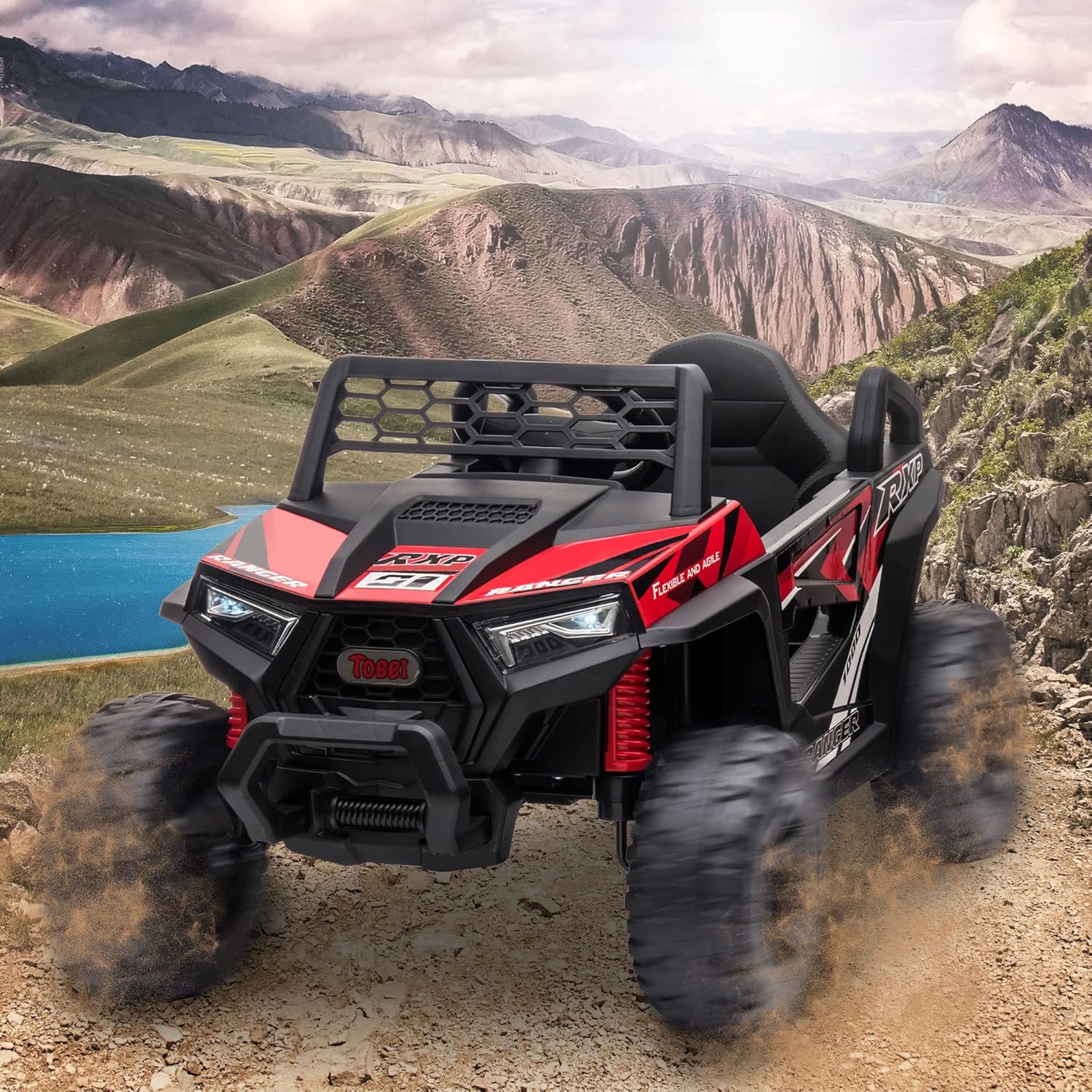 TOBBI 12V Kids Ride on Car, Electric Off-Road UTV Truck with Diverse Functions, Double Open Doors, Safety Belt, Horn, Music, and Lights for Kids Aged 3-5 Years (Rose Red)