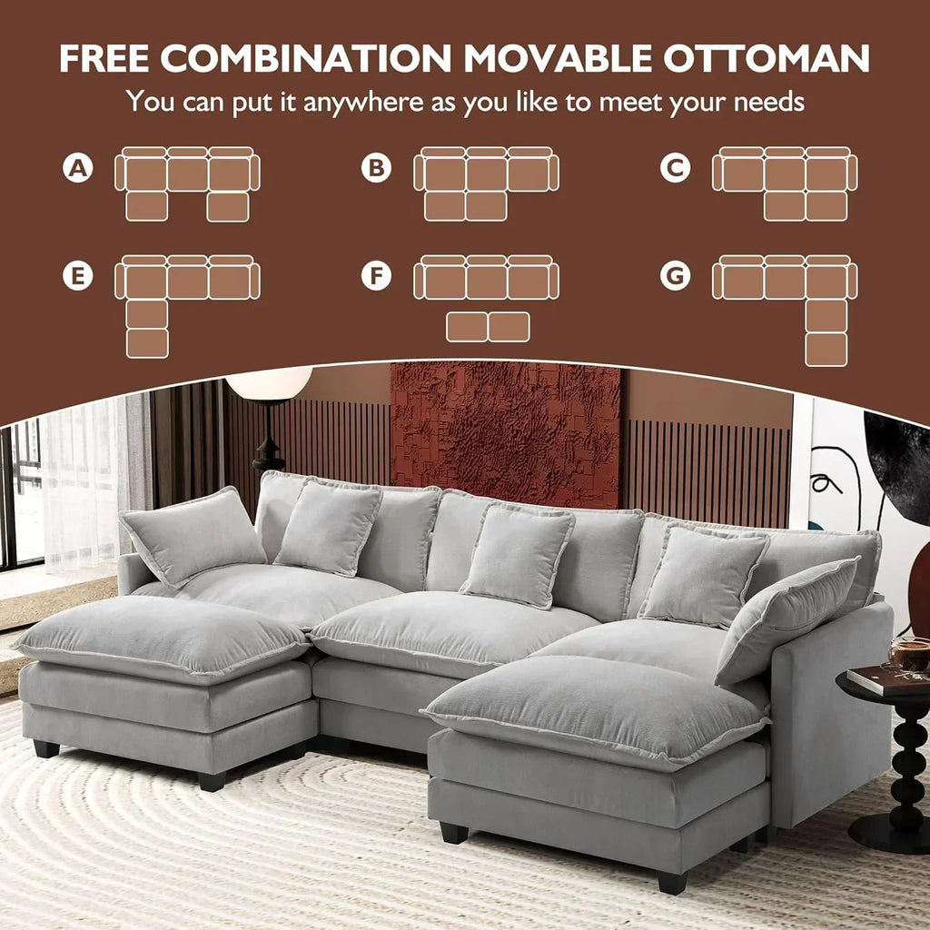 111.4 Inch L Shaped Modern Sofa Modular Cloud Sofa with Ottoman 4 Seater Chenille Deep Seat Sofa
