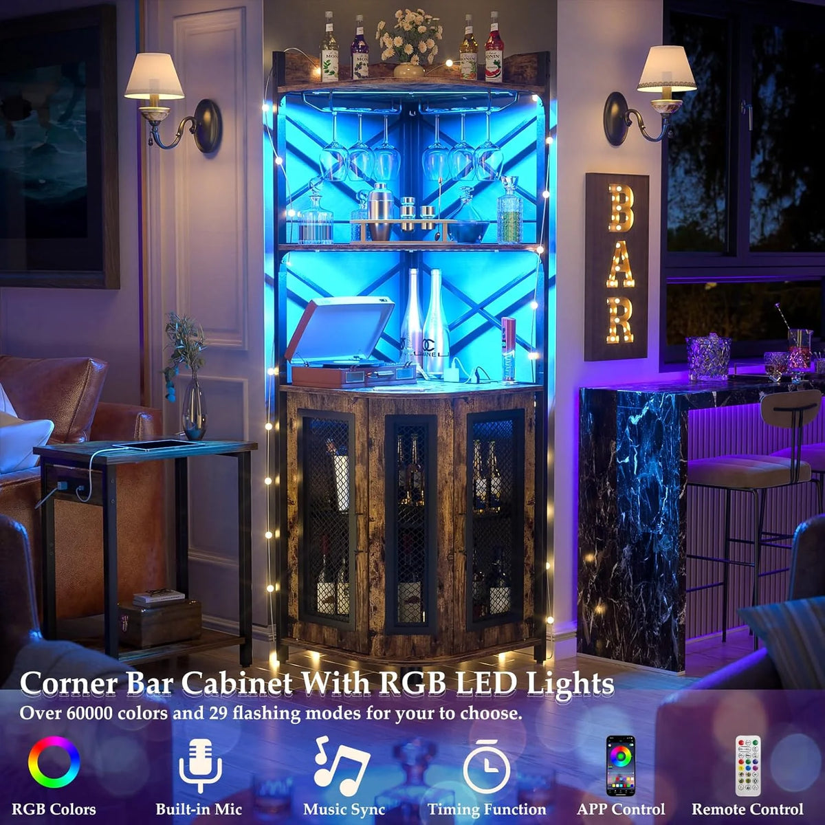Aheaplus Corner Bar Cabinet with Power Outlet, Industrial Wine Cabinet with LED Strip and Glass Holder, 5-Tiers Liquor Cabinet Bar Unit for Home, Corner Display Cabinet for Small Space, White Oak