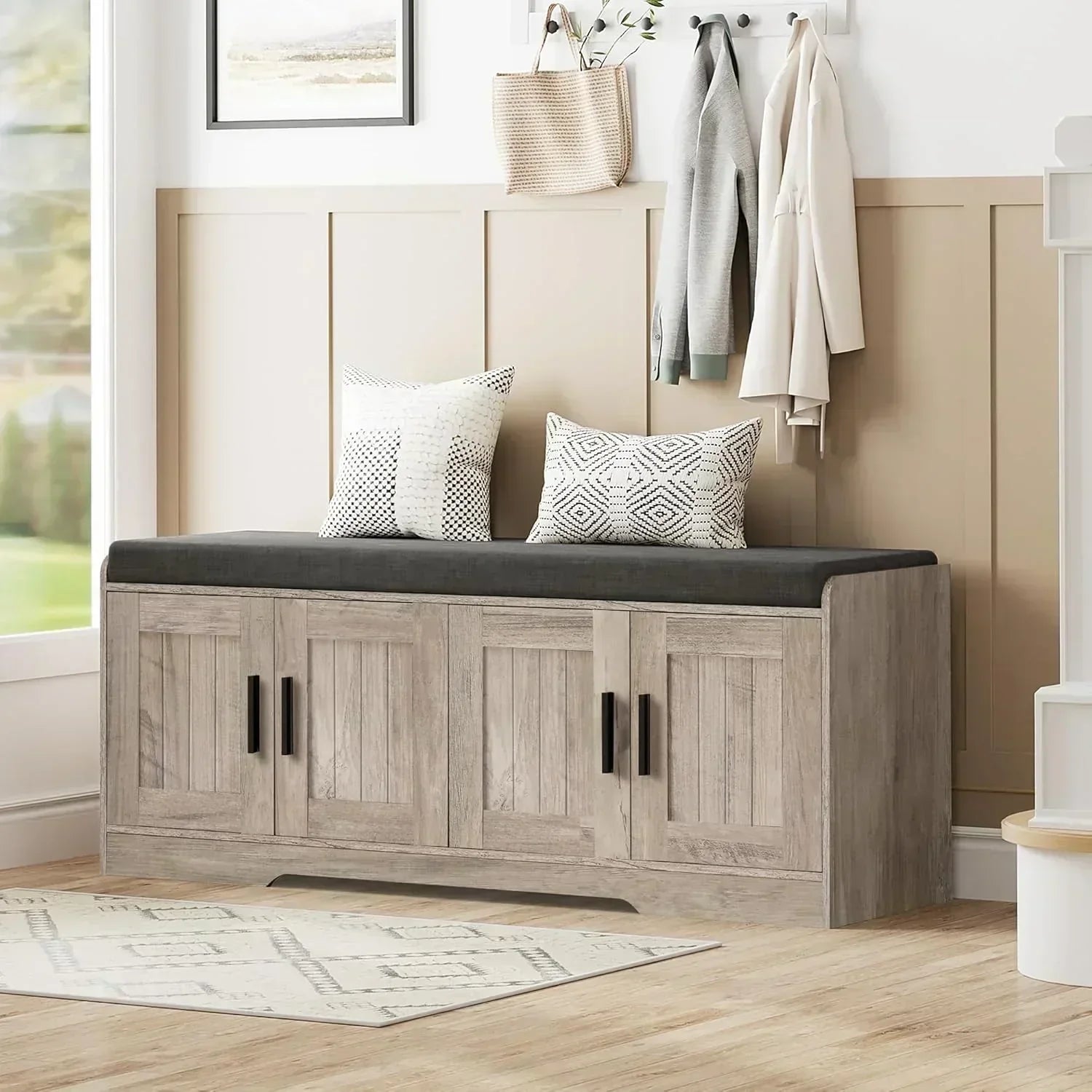 2-Tier Storage Bench Shoe Bench with Thickened Padded Seat Cushion Entryway Bench