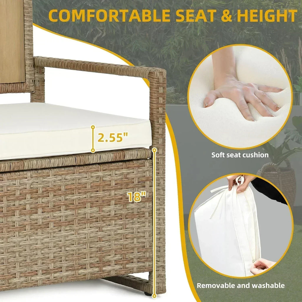 DWVO 70Gal Outdoor Storage Bench with Cushion Composite Wood Backrest Wicker Deck Bench