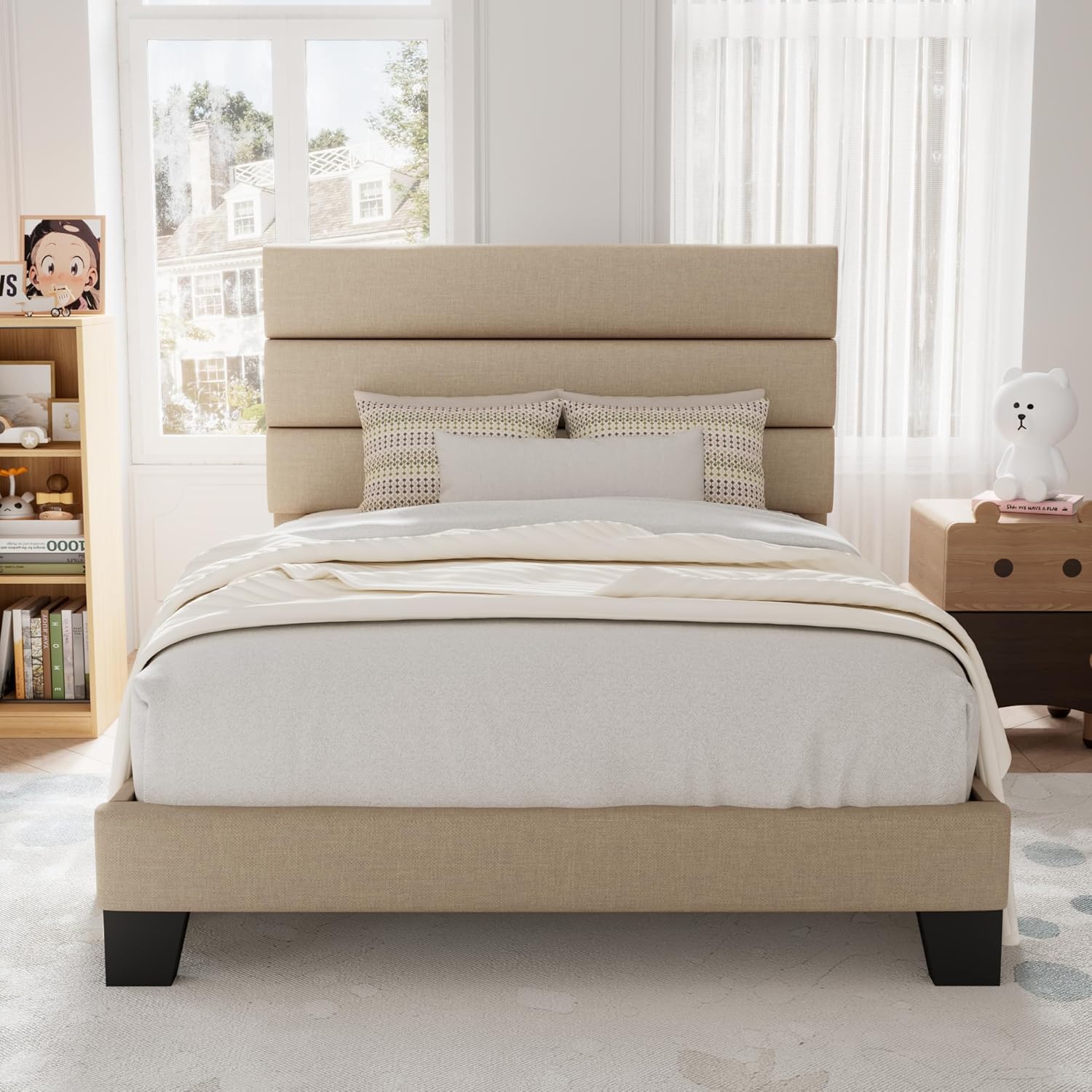 Allewie King size platform bed frame with velvet upholstered headboard and planks