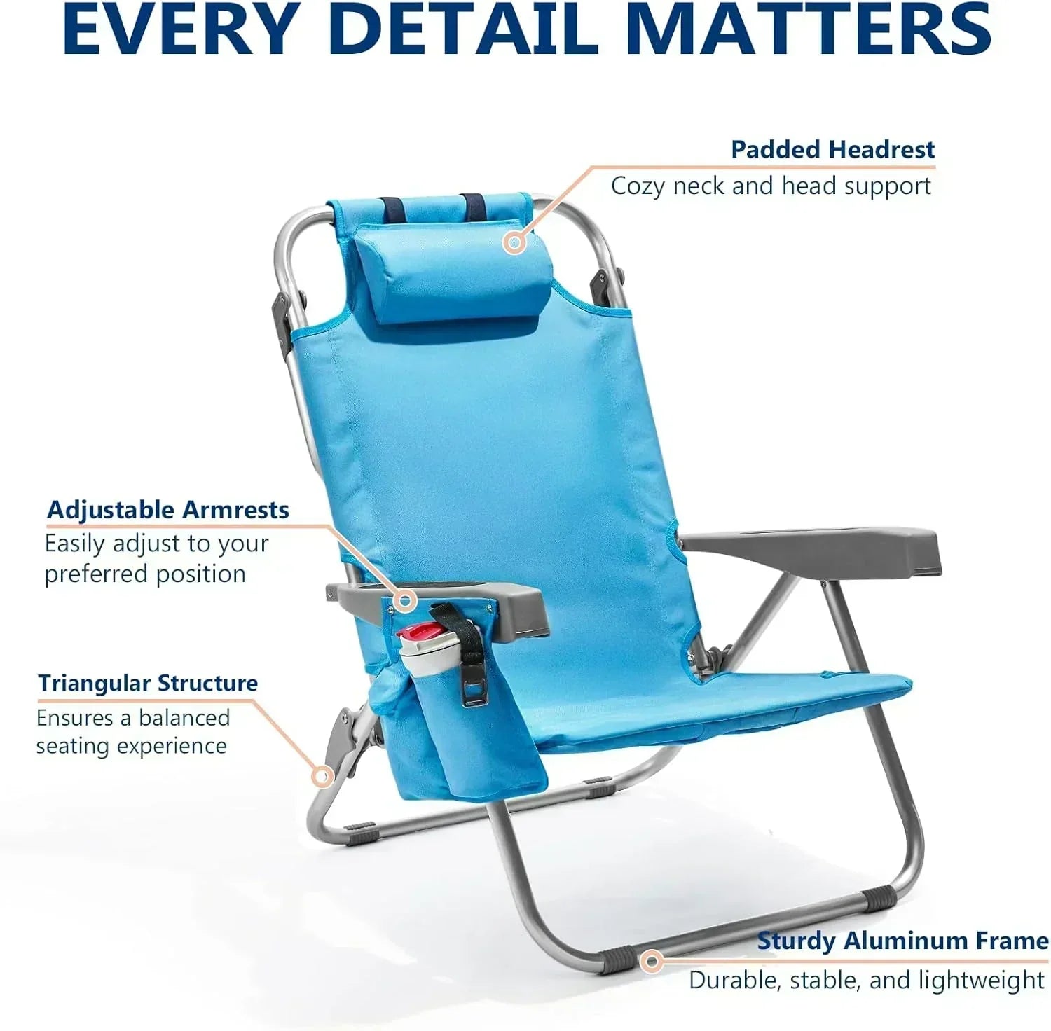 5-Position Aluminum Lay Flat Tall Backpack Beach Chairs 2 Pack Compact Portable Beach Chairs