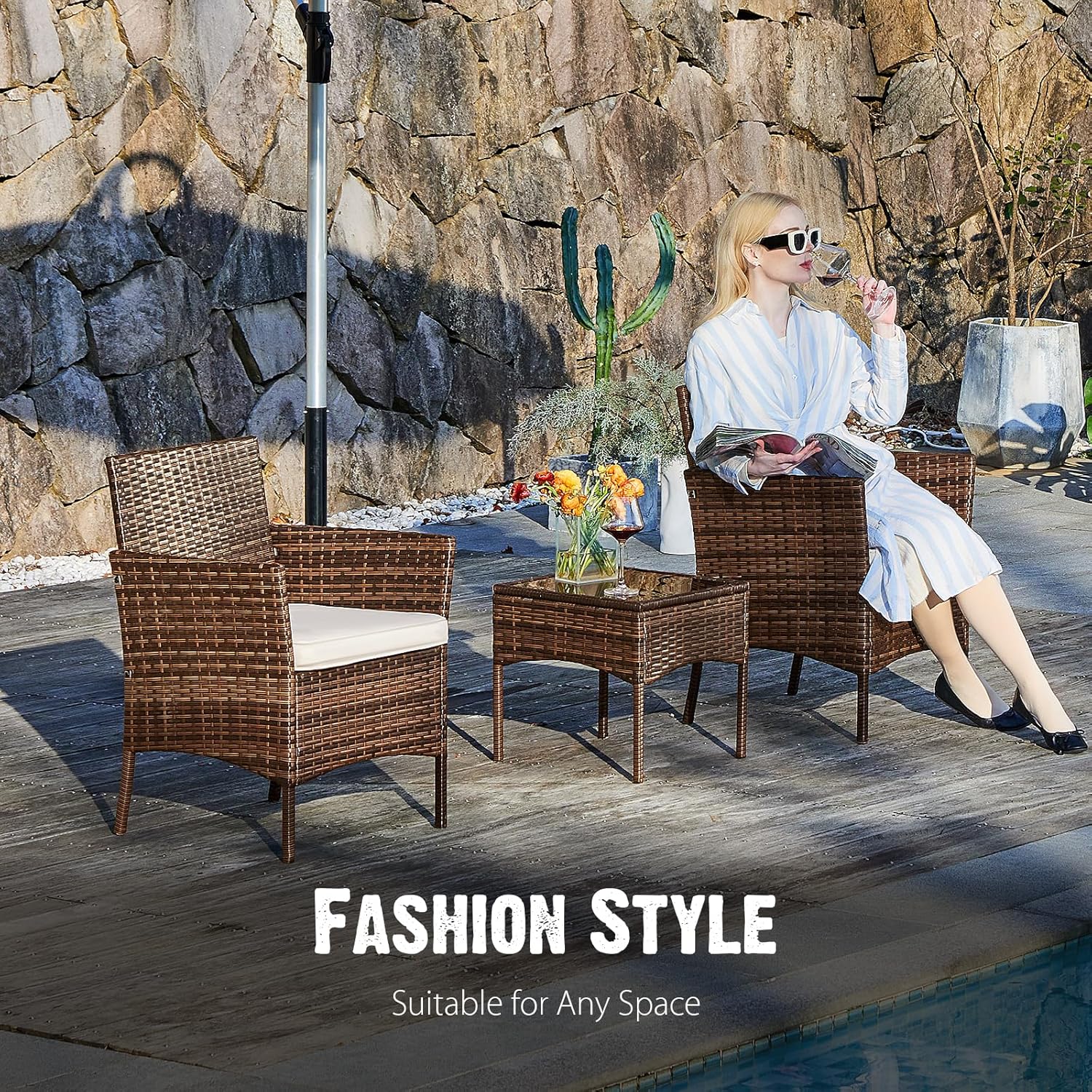Sweetcripy Patio Furniture Set 3 Pieces Outdoor Furniture with Soft Cushion and Glass Table