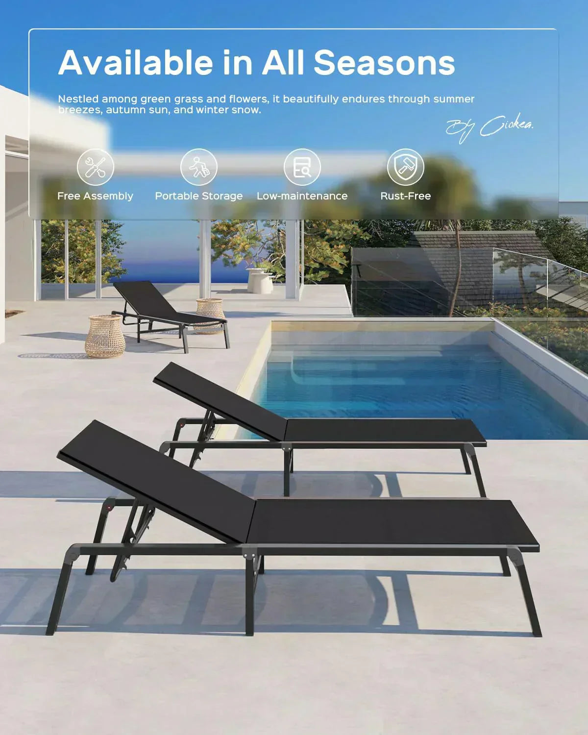 Aluminum Chaise Lounge Outdoor Foldable Assemble Free Outdoor Lounge Chair 5 Adjustable Backrest