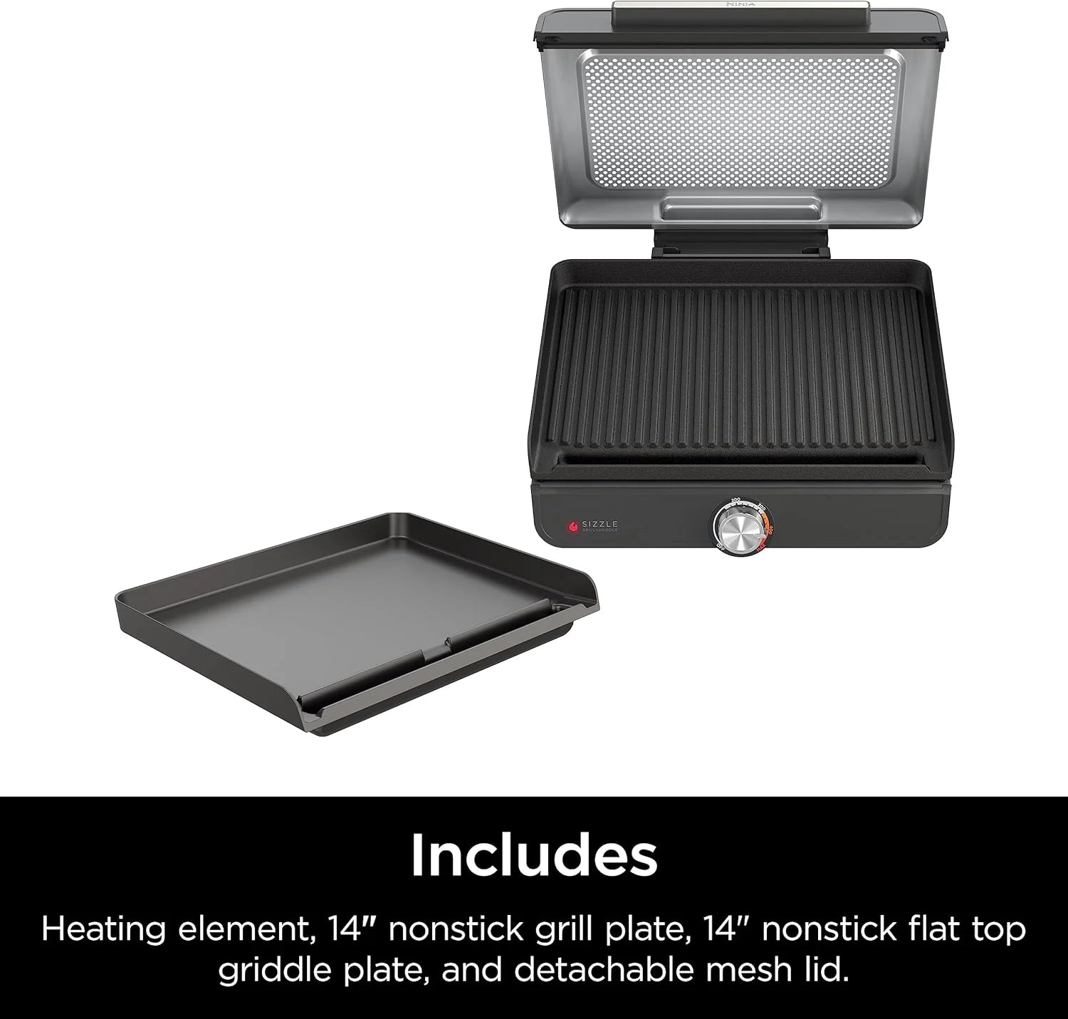 Ninja Griddle and Indoor Grill, 14��? Electric Grill, For Steak, Burgers, Salmon, Veggies, and More, Pancake Griddle, Nonstick, Dishwasher Safe, 500F, Even Cooking, Silver, GR101