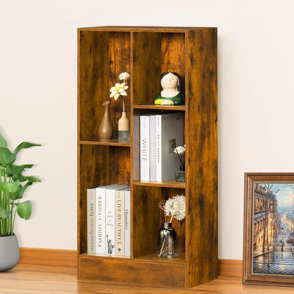 LEYAOYAO Wooden 7 Cube Book Shelf Natural Bookshelf Legs Modern Open Storage Organizer