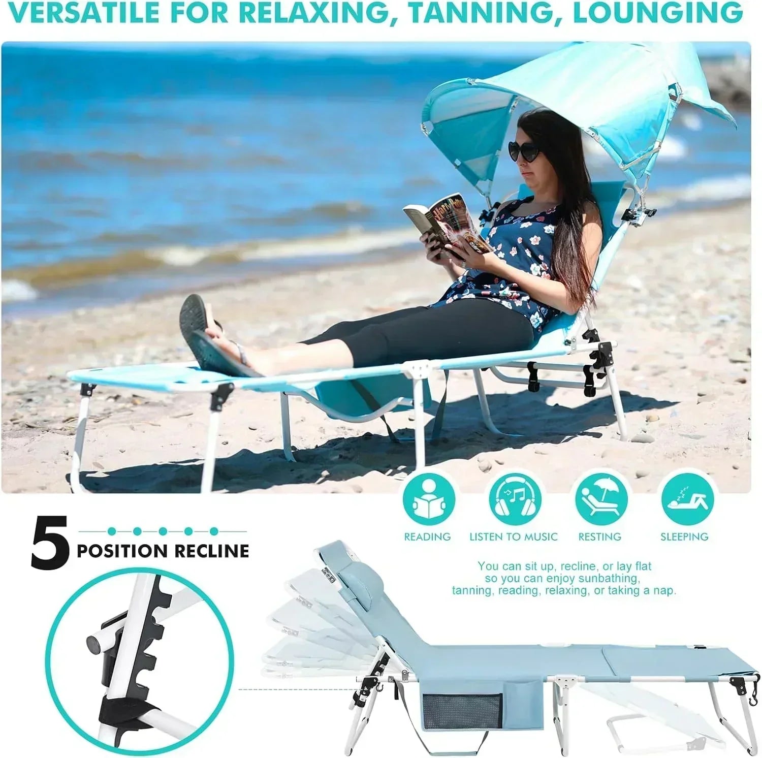 Tanning Chair with Sun Canopy Face Hole Folding Chaise Lounge Chair 5 Position Reclining