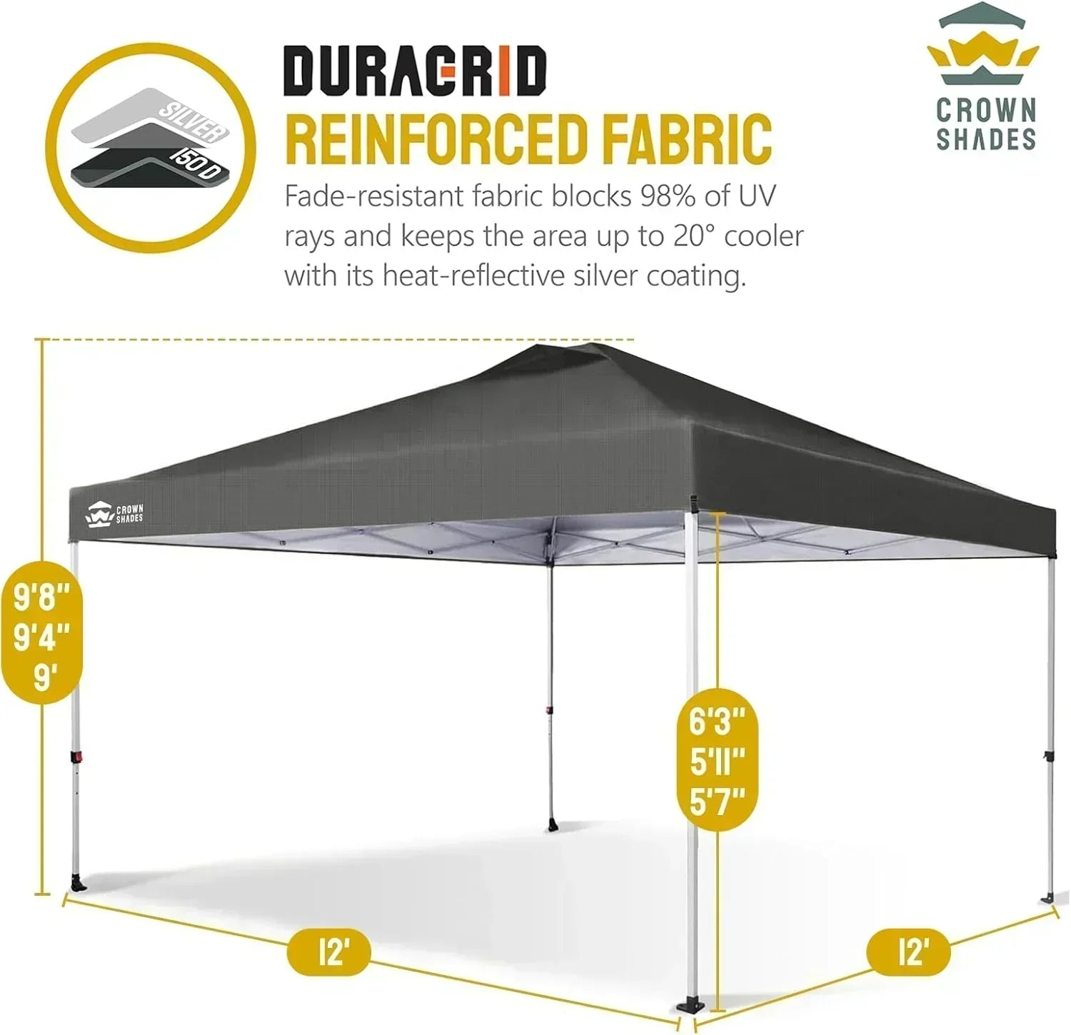 10x10 Pop-Up Awning One-Click Installation Beach Tent Outdoor Sunshade Silver Coated Top