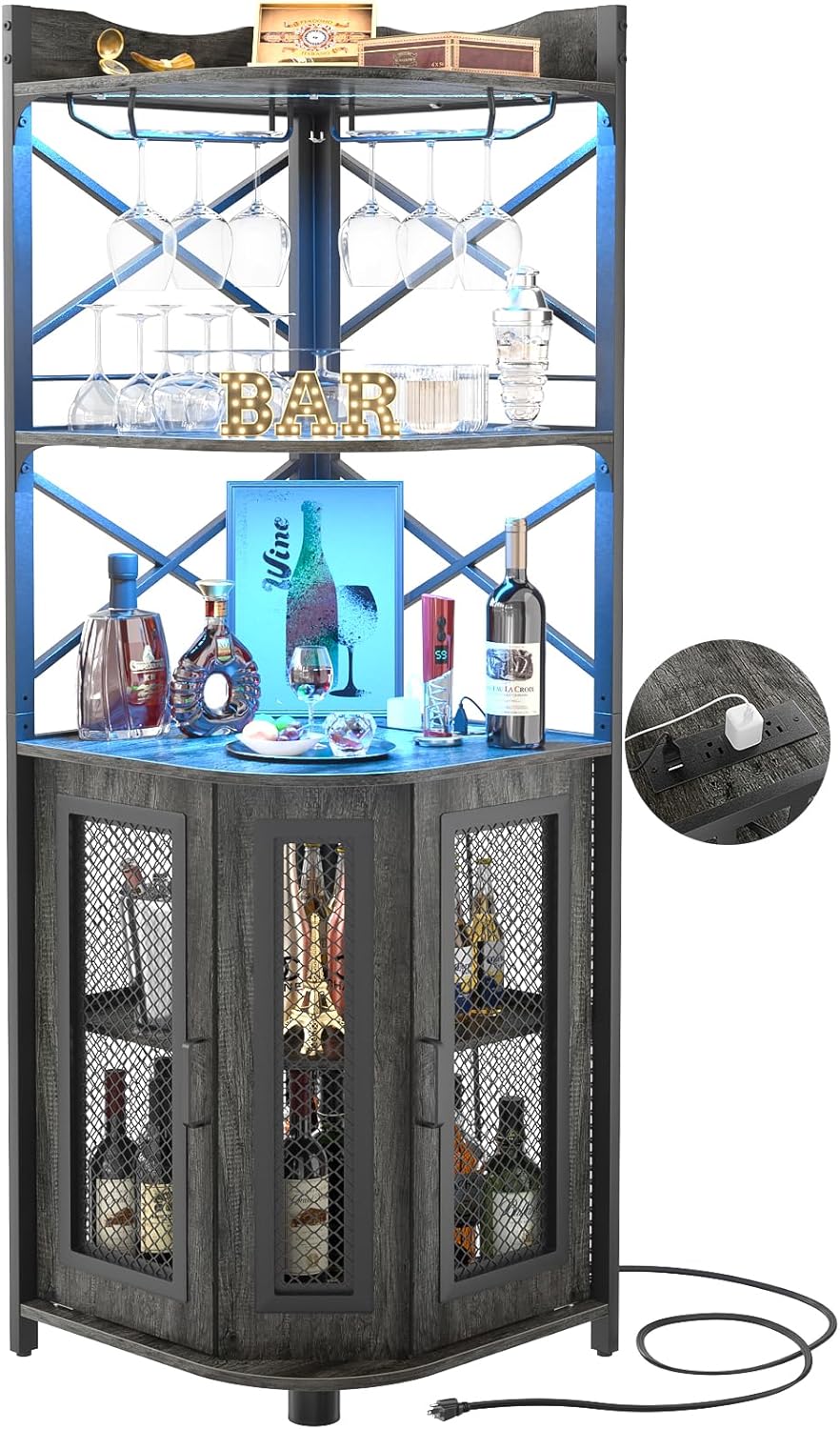 Aheaplus Corner Bar Cabinet with Power Outlet, Industrial Wine Cabinet with LED Strip and Glass Holder, 5-Tiers Liquor Cabinet Bar Unit for Home, Corner Display Cabinet for Small Space, White Oak