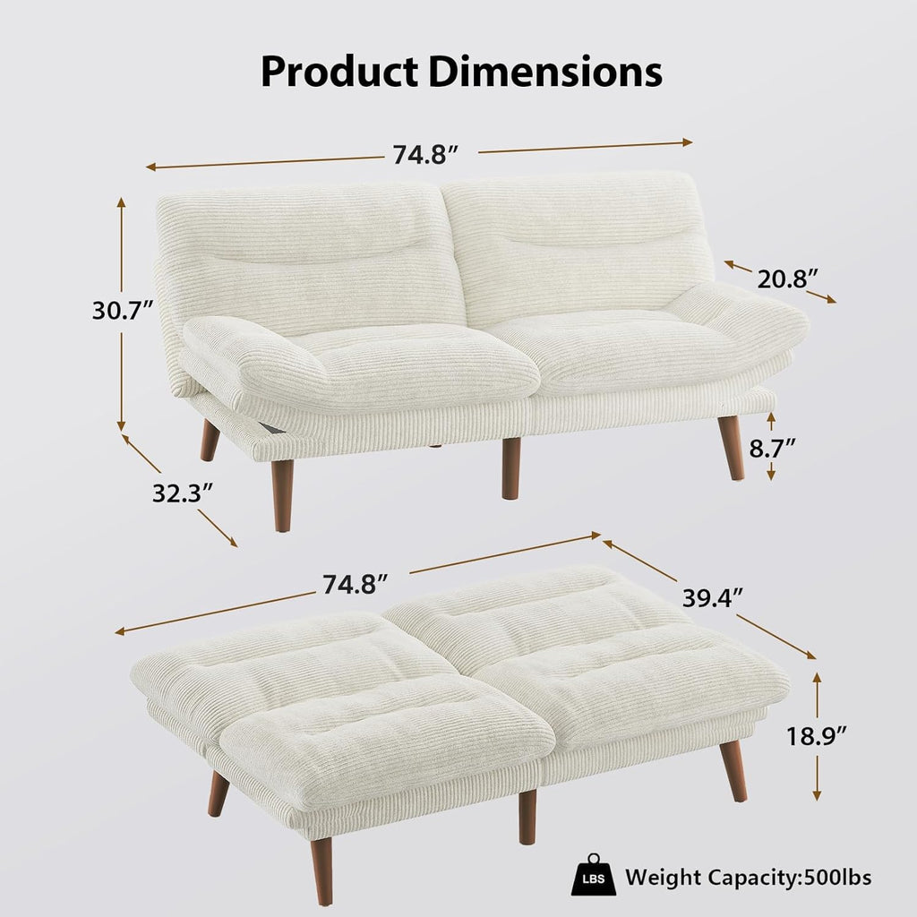 Convertible Futon Sofa Bed 66 Inch Corduroy Futon Sofa Recliner Sofa Bed for Small Spaces
