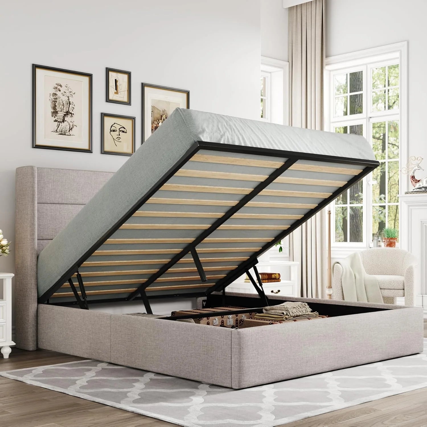 Allewie Queen Size Lift Up Storage Bed Modern Wingback Headboard Hydraulic Support
