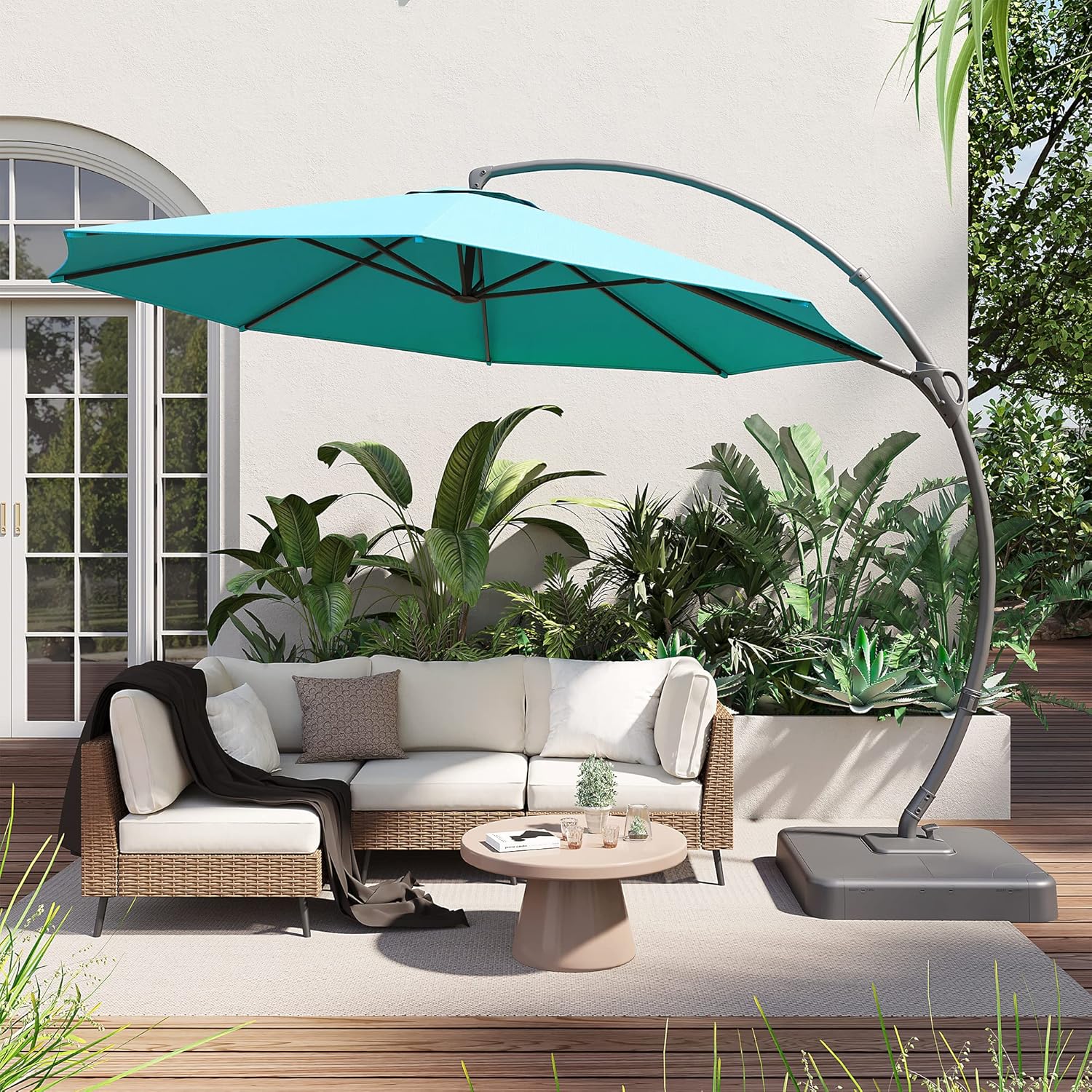 LAUSAINT HOME Outdoor Patio Umbrella with Base included, 11 FT Deluxe Curvy Cantilever Umbrella Heavy Duty Offset Hanging Umbrella with 360° Rotation for Market, Pool, Garden, Backyard, Deck (Beige)