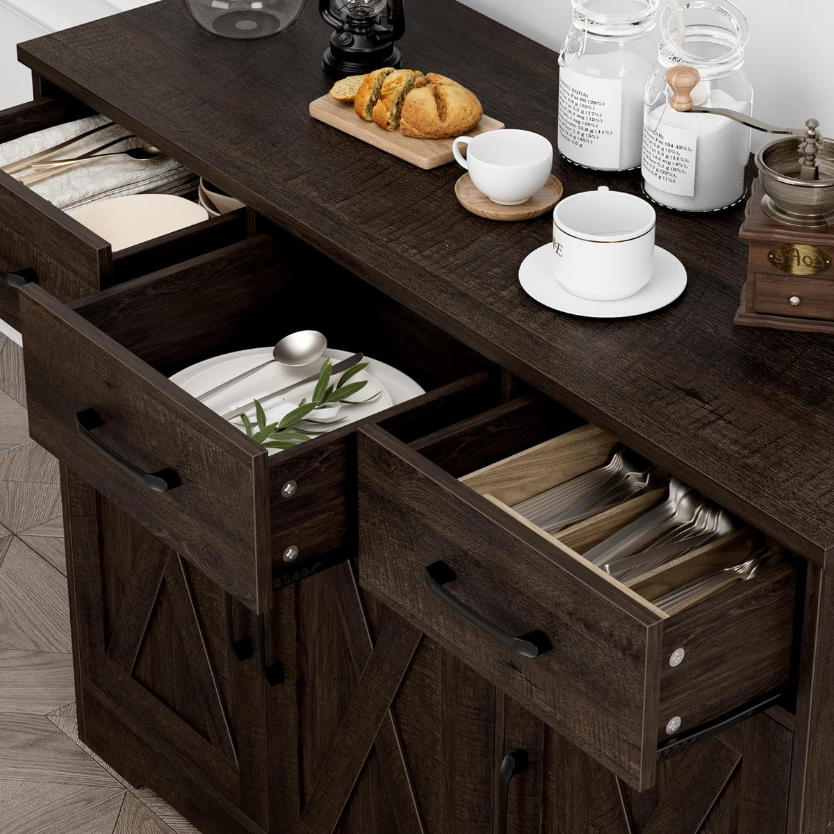 Modern farmhouse sideboard barn door buffet storage cabinet with drawers and shelves