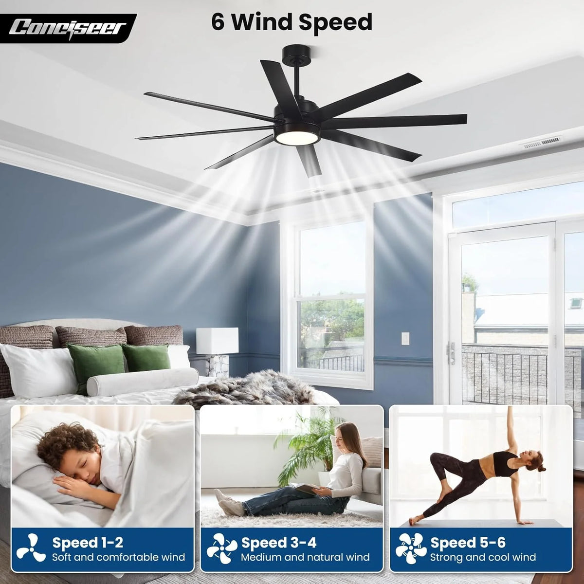 Modern Ceiling Fans with Lights, 72 Inch Ceiling Fan with Light and Remote, Bedroom Living Room Library Cafe Outdoor/Industrial,24W 3CCT Dimmable, 8 Blades 6 Speed Reversible Quiet DC Motor, Black