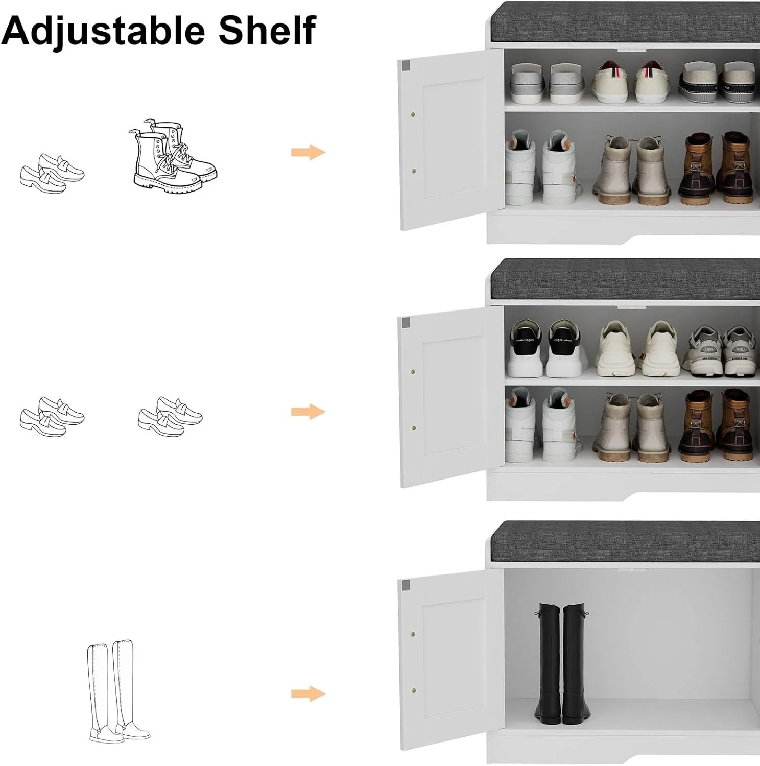 2-Tier Storage Bench, Shoe Bench with Thickened Padded Seat Cushion, Entryway Bench with 4 Doors, Adjustable Shelf, 13.8 D x 45.3 W x 18.5 H, for Entryway, Living Room, Bedroom, White