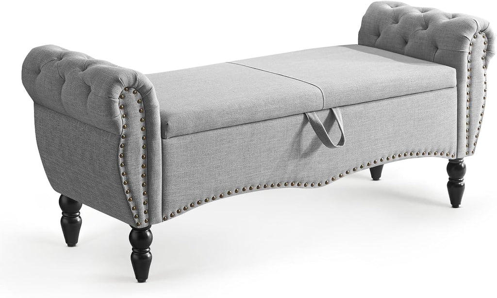 Furniliving Modern Storage Ottoman Bench, Sherpa Ottoman End of Bed Bench with Solid Wood Legs Upholstered Ottoman Benches with Storage Indoor Bench