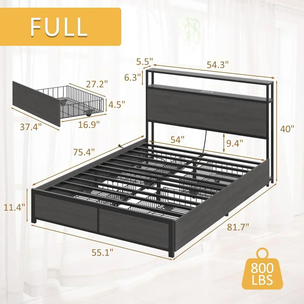 Lifezone Queen Bed Frame 2-Tier Storage Headboard Metal Platform Bed Frame 4 Storage Drawers