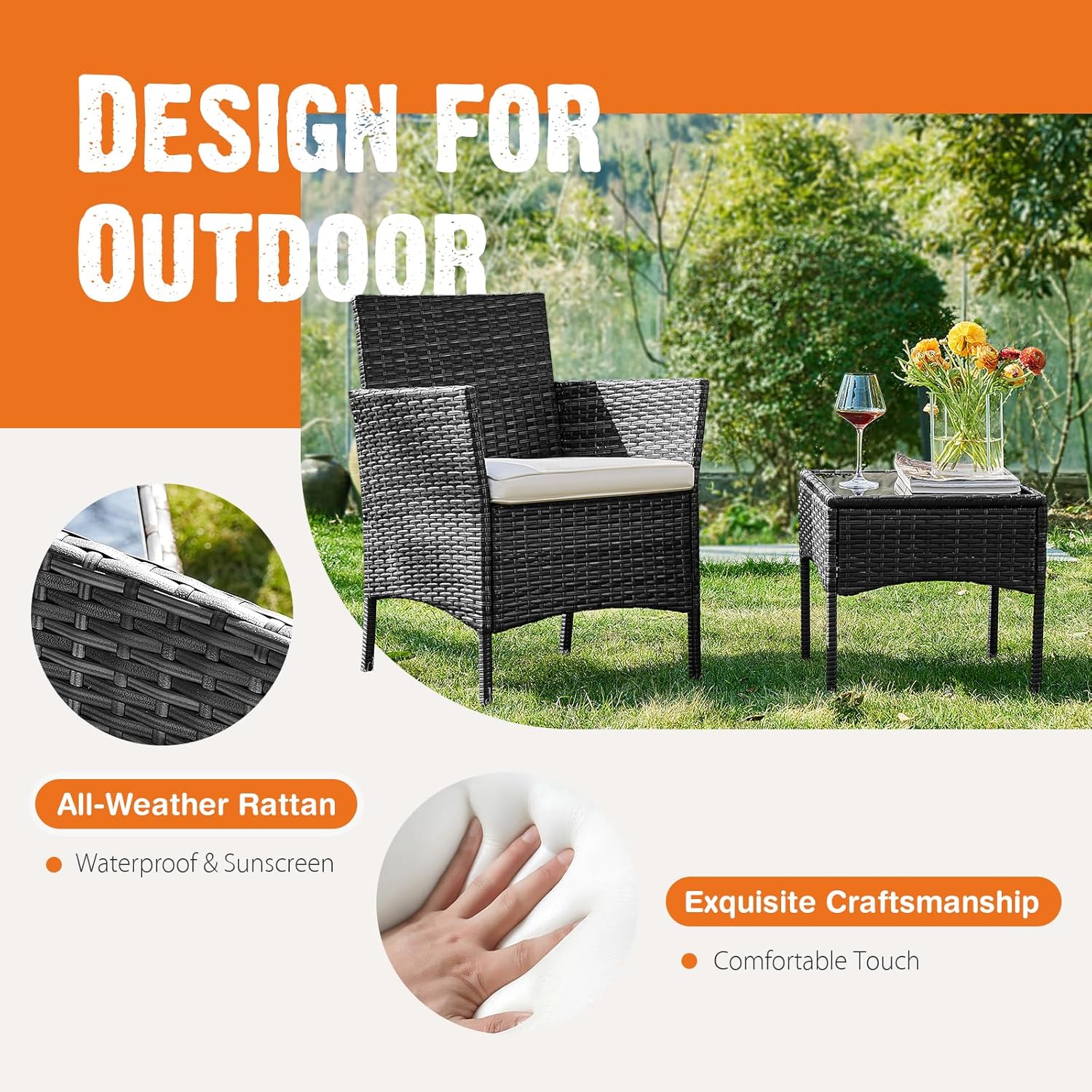 Sweetcripy Patio Furniture Set 3 Pieces Outdoor Furniture with Soft Cushion and Glass Table
