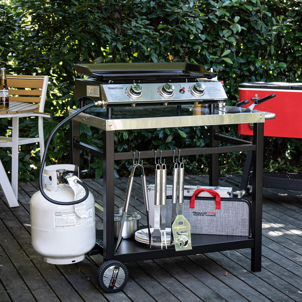 Royal Gourmet Dining Cart Table with Double-Shelf Movable Stainless Steel Flat Top Grill Cart