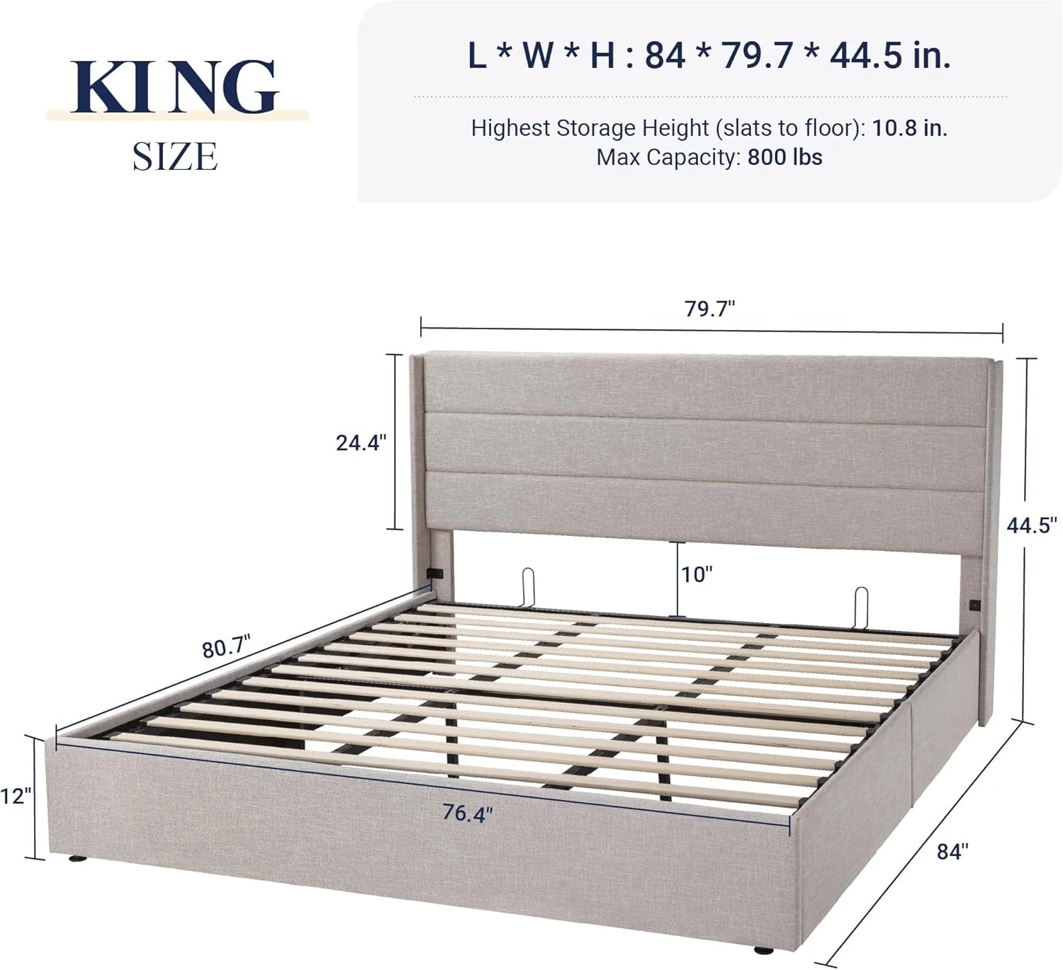 Allewie Queen Size Lift Up Storage Bed Modern Wingback Headboard Hydraulic Support