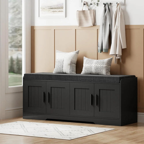 2-Tier Storage Bench, Shoe Bench with Thickened Padded Seat Cushion, Entryway Bench with 4 Doors, Adjustable Shelf, 13.8 D x 45.3 W x 18.5 H, for Entryway, Living Room, Bedroom, White