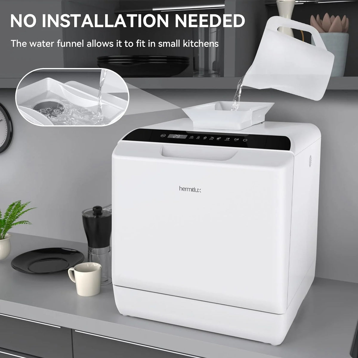 Hermitlux Countertop Dishwasher, 7 Washing Programs Portable Mini Dishwasher with 5-Liter Built-in Water Tank for Apartments & RVs, LED Light, Glass Door, No Hookup Needed