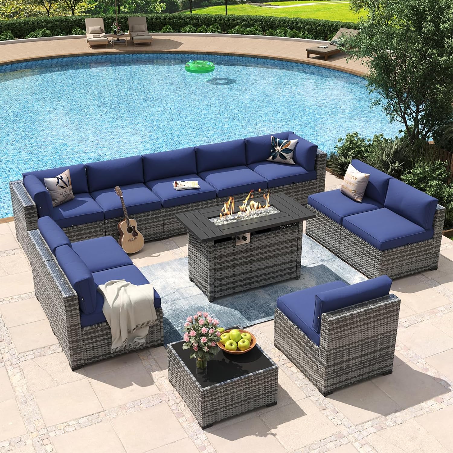 Aoxun 8 Piece Patio Furniture Set with 44?Fire Pit Table Wicker Rattan Outdoor Sectional Sofa Set with Coffee Table and Thickened Cushions, Beige (Waterproof Cover Included)