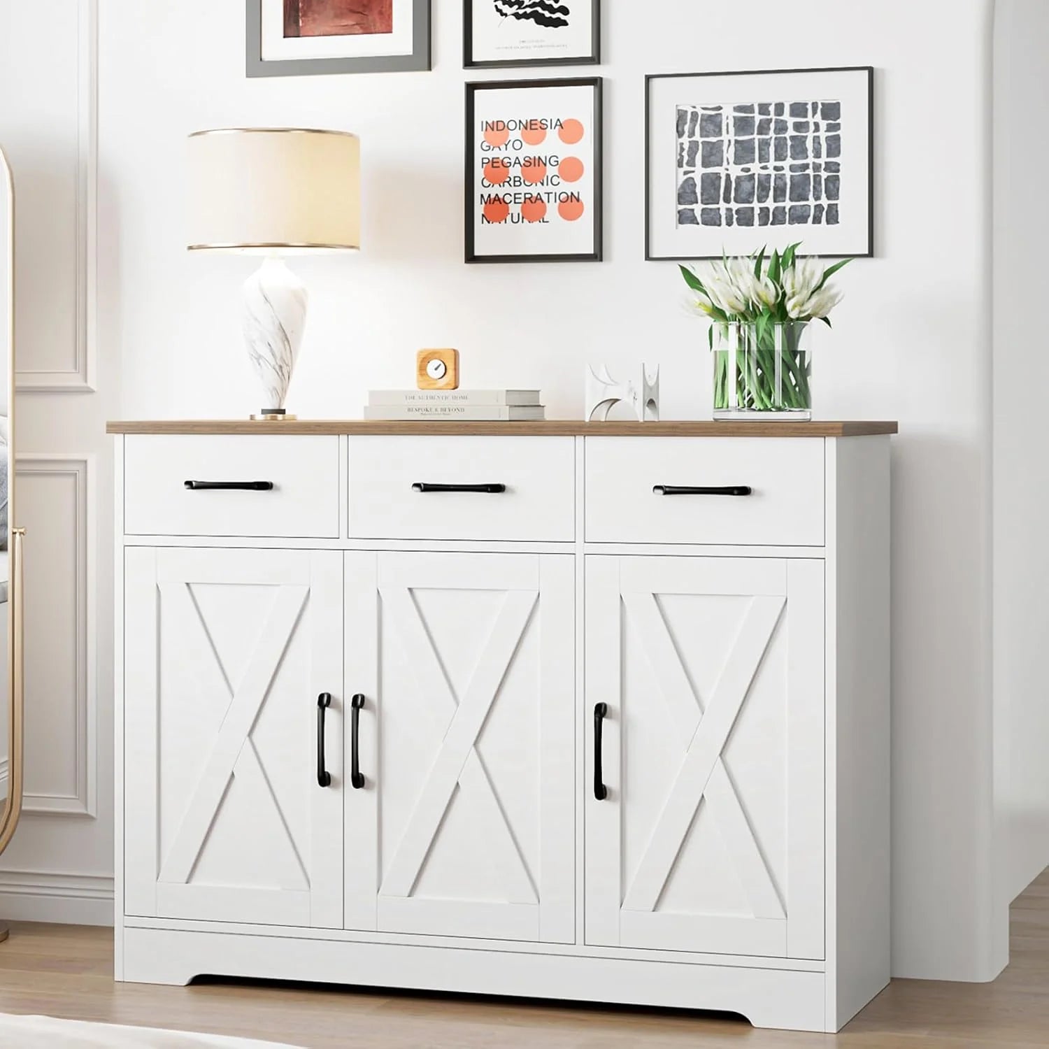 Modern farmhouse sideboard, barn door buffet storage cabinet with drawers and shelves, wooden coffee bar with storage