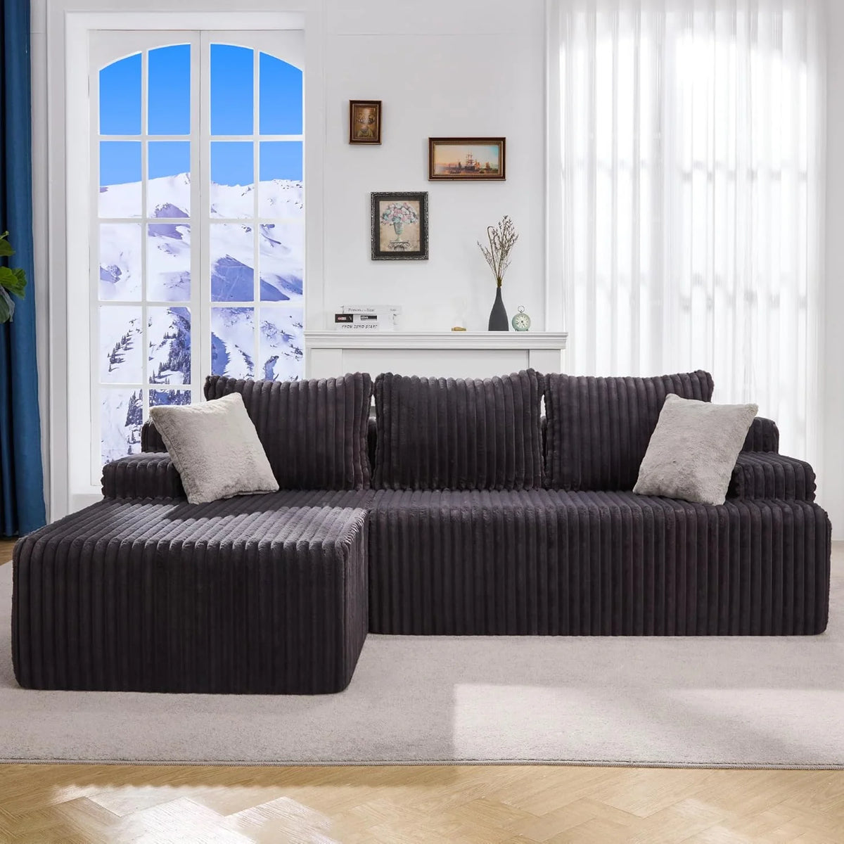 Modular Sectional Sofa Couches L-Shape Couch 3 Seat Modular Sofa Memory Foam Sectional Couches for Living Room, Cloud Couch with Oversized Chaise (Grey Stripe, 96 Left Facing Chaise)