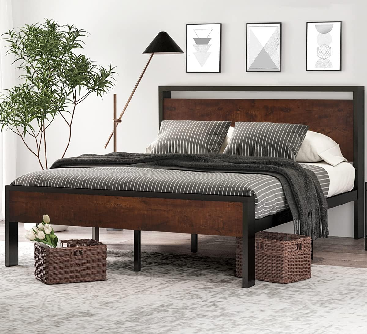 SHA CERLIN 14 Inch Queen Size Metal Platform Bed Frame with Wooden Headboard and Footboard