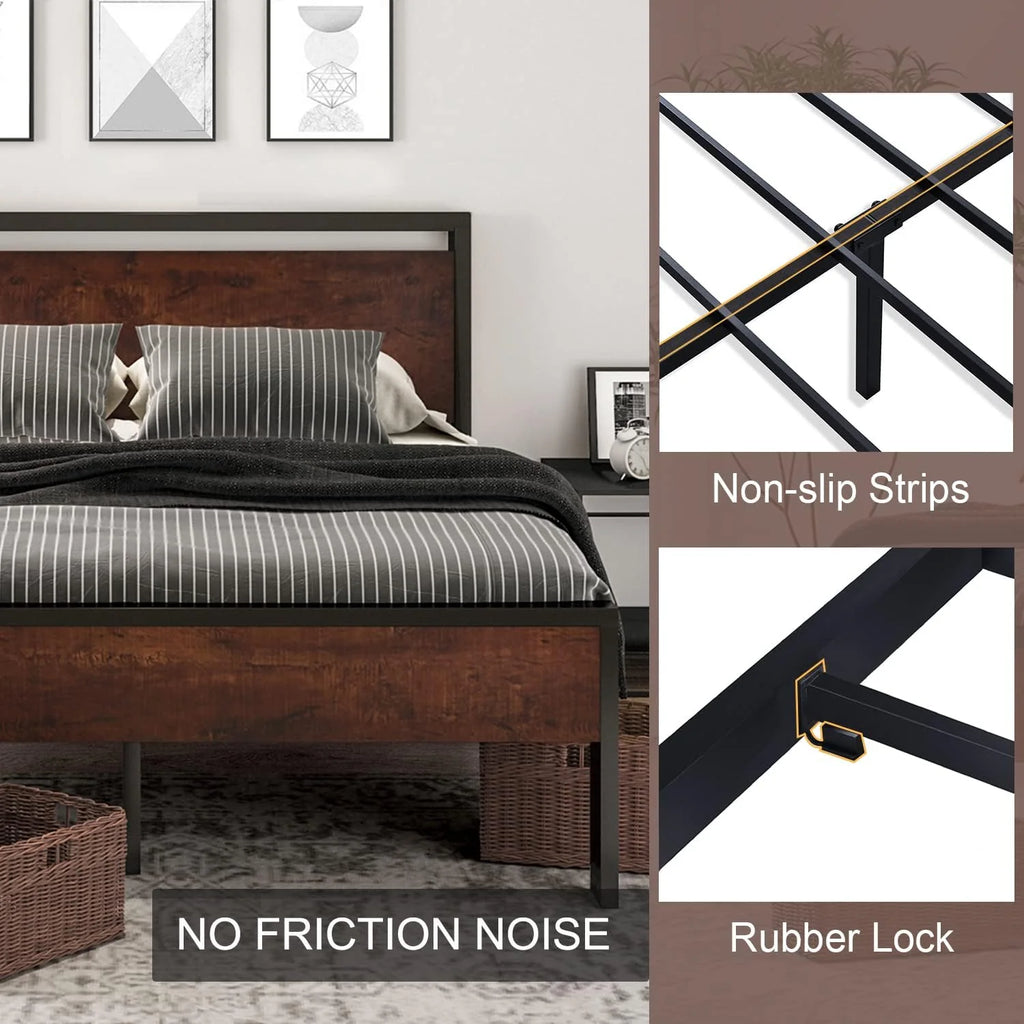 SHA CERLIN 14 Inch Full Size Metal Platform Bed Frame with Wooden Headboard and Footboard