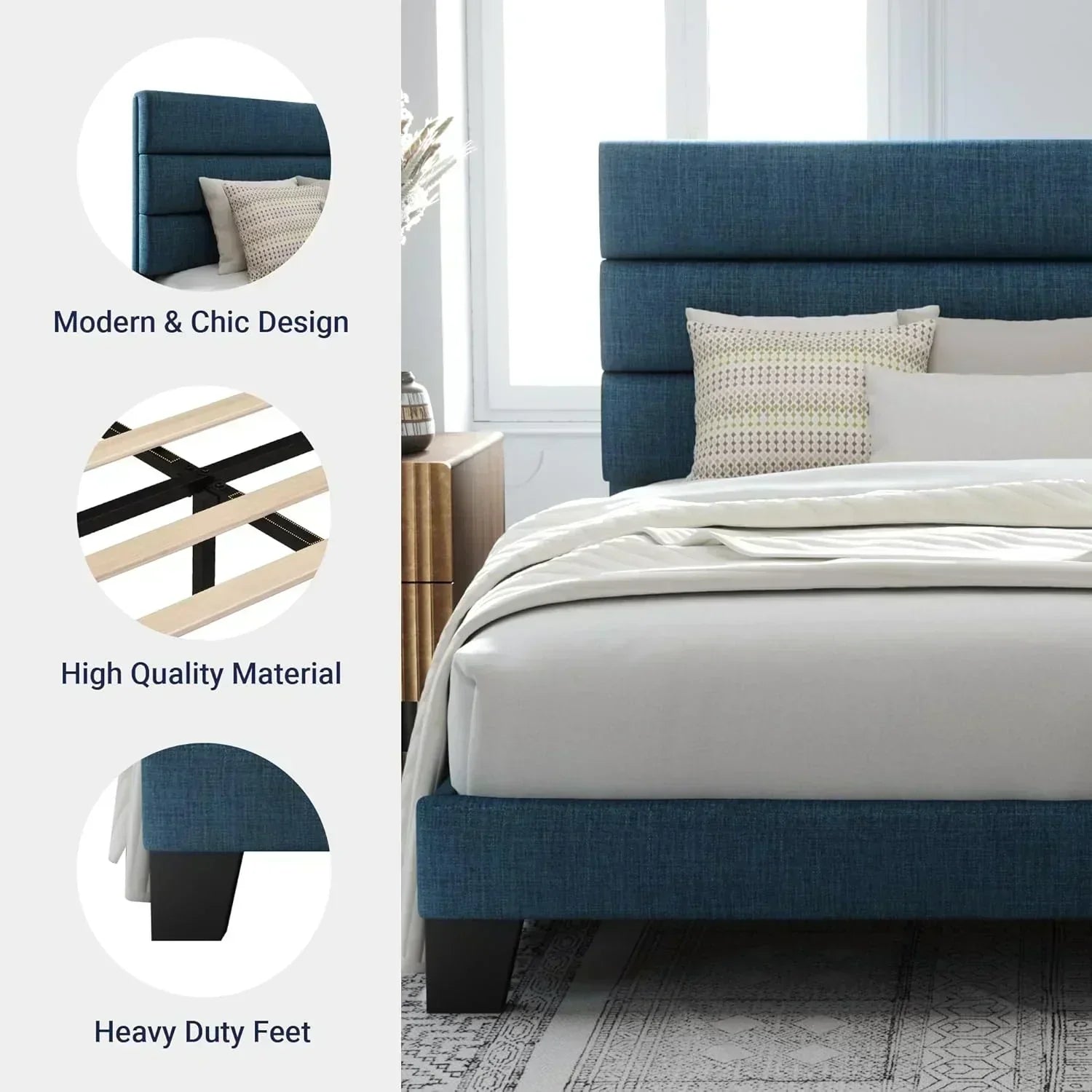 Allewie King size platform bed frame with velvet upholstered headboard and planks