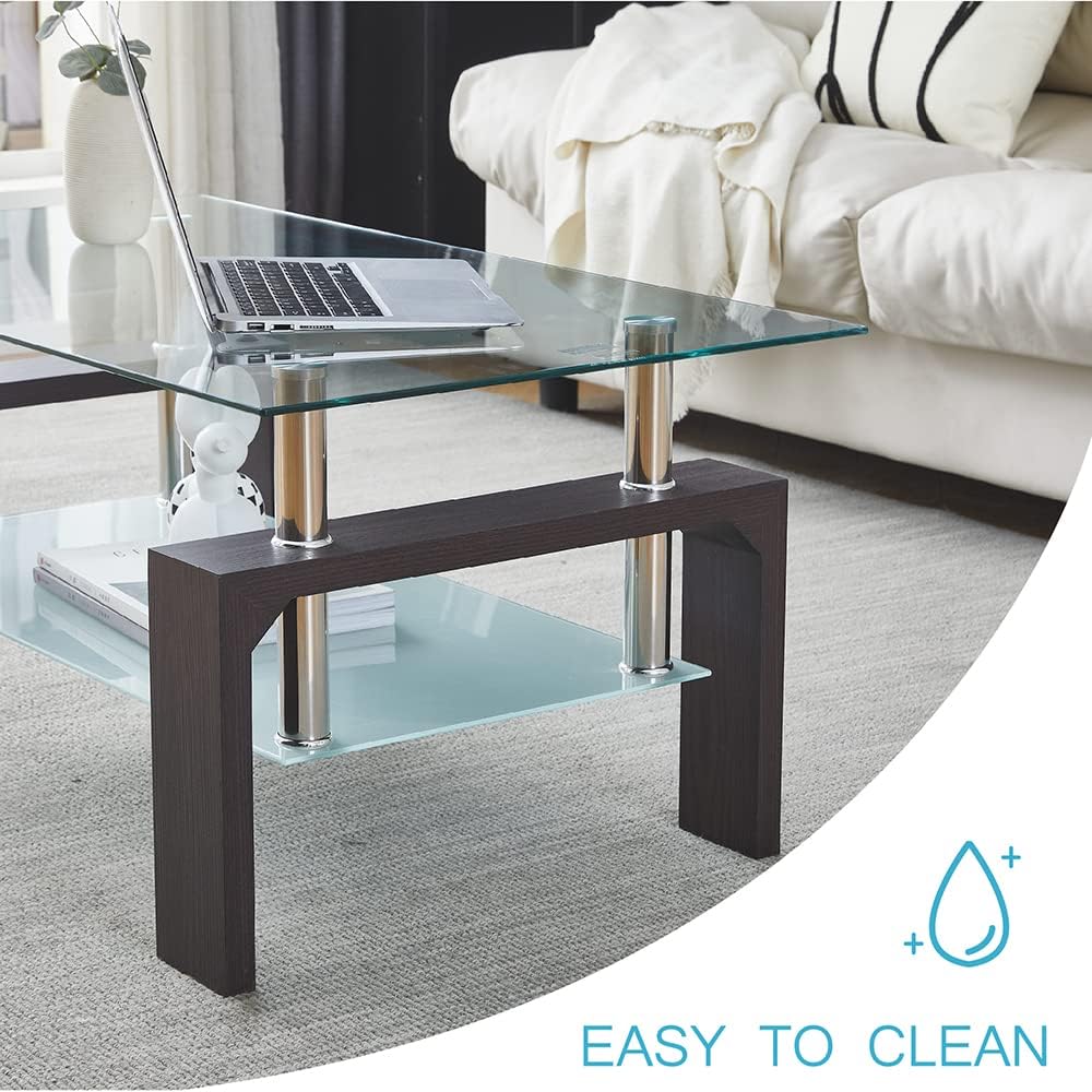 Living Room Rectangle Coffee Table, Tea Table Suitable for Waiting Room, Modern Side Coffee Table with Wooden Leg, Glass Tabletop