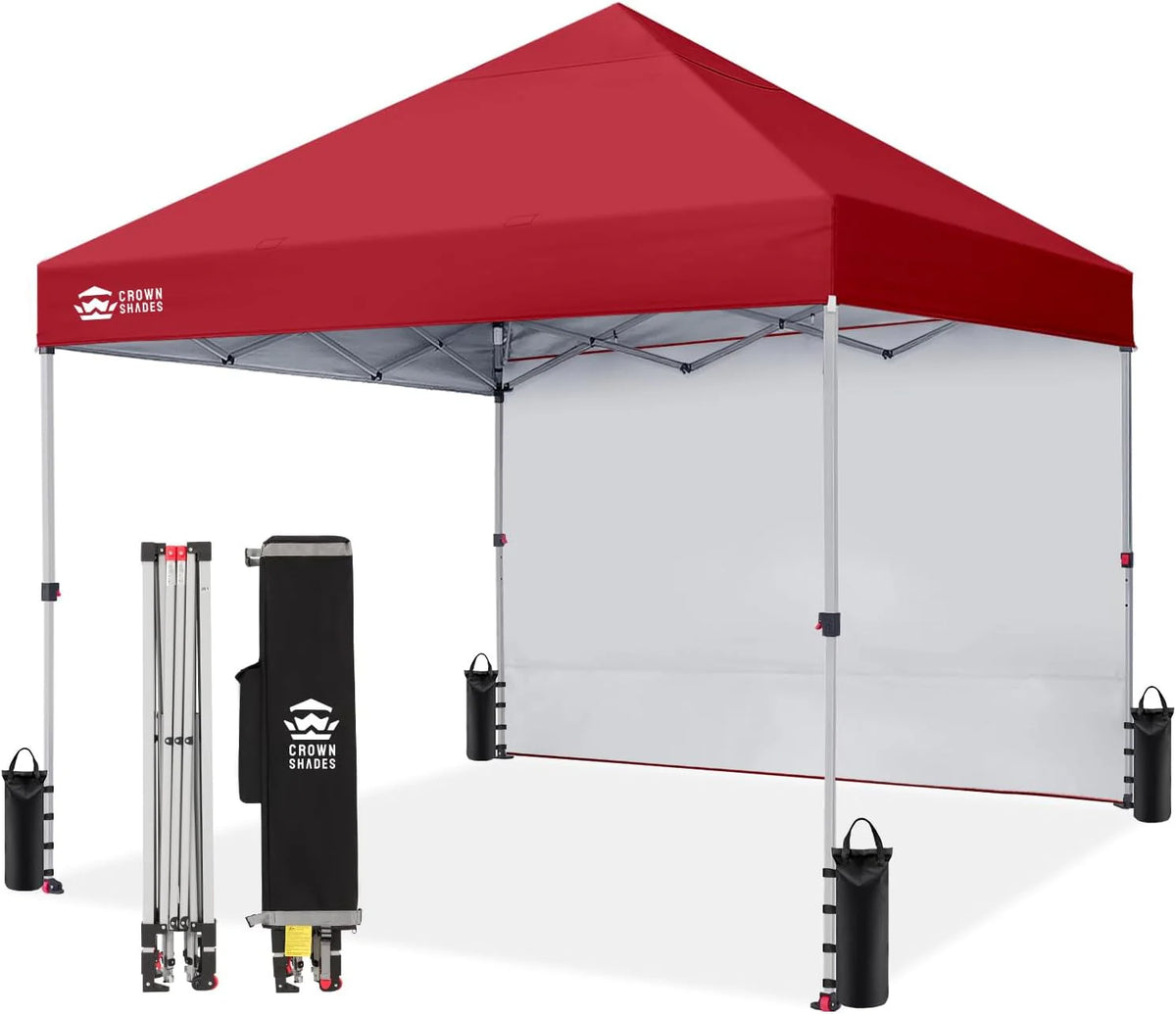 CROWN SHADES 10x10 Pop Up Canopy with 1 Side Wall - Beach Tent with One Push Setup - Outdoor Sun Shade for Events, Parties, Camping - Gazebo with STO-N-Go Cover Bag (White)