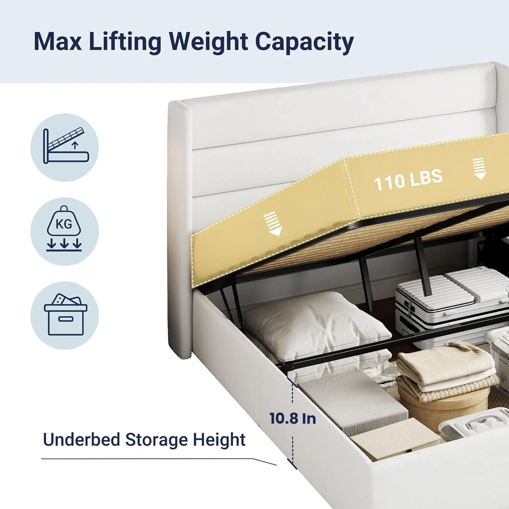 Allewie Queen Size Lift Up Storage Bed Modern Wingback Headboard Hydraulic Support